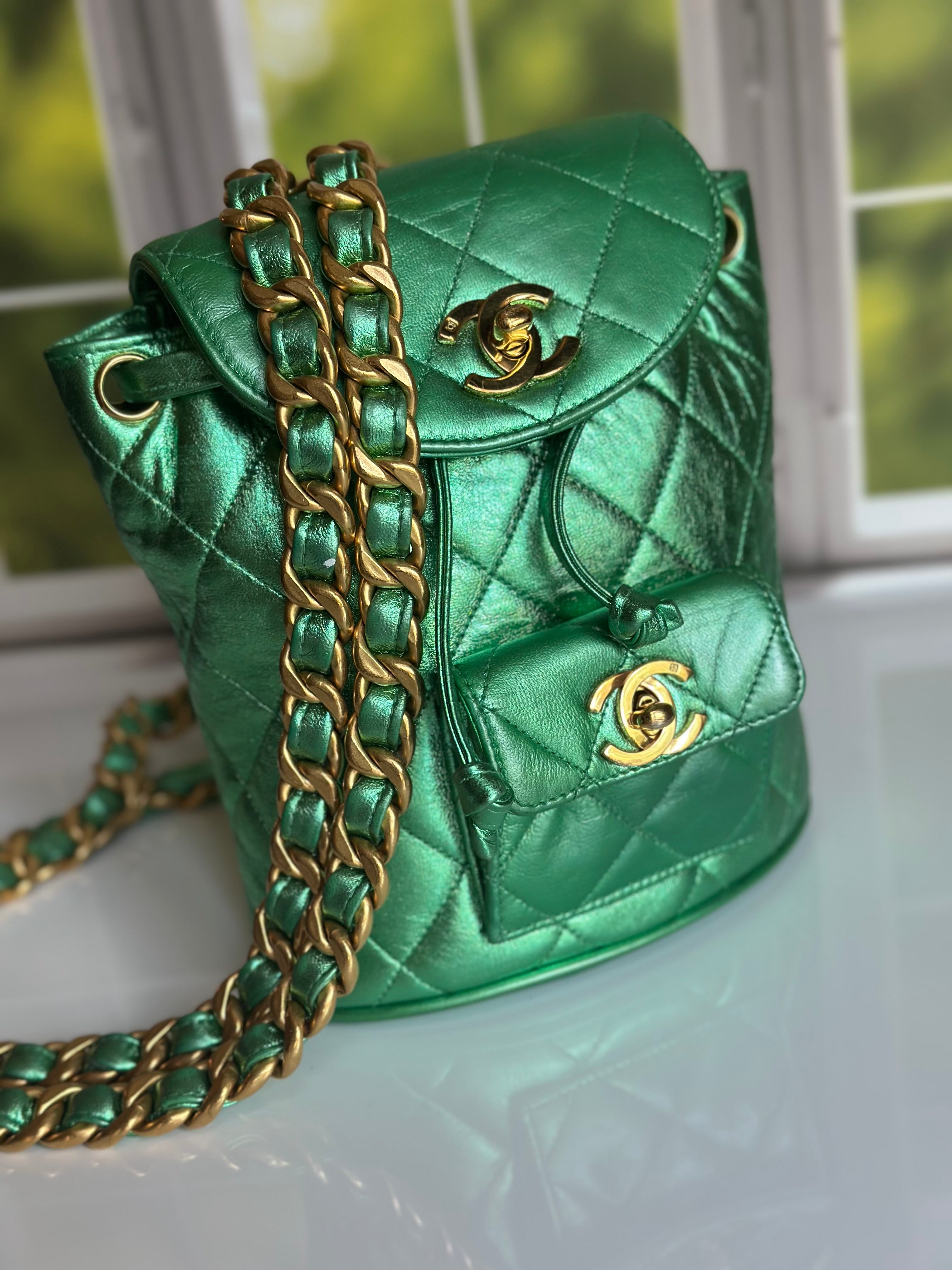 1994 Chanel Mini Duma Backpack Metallic Green Lambskin & 24K Gold Plated Hardware
