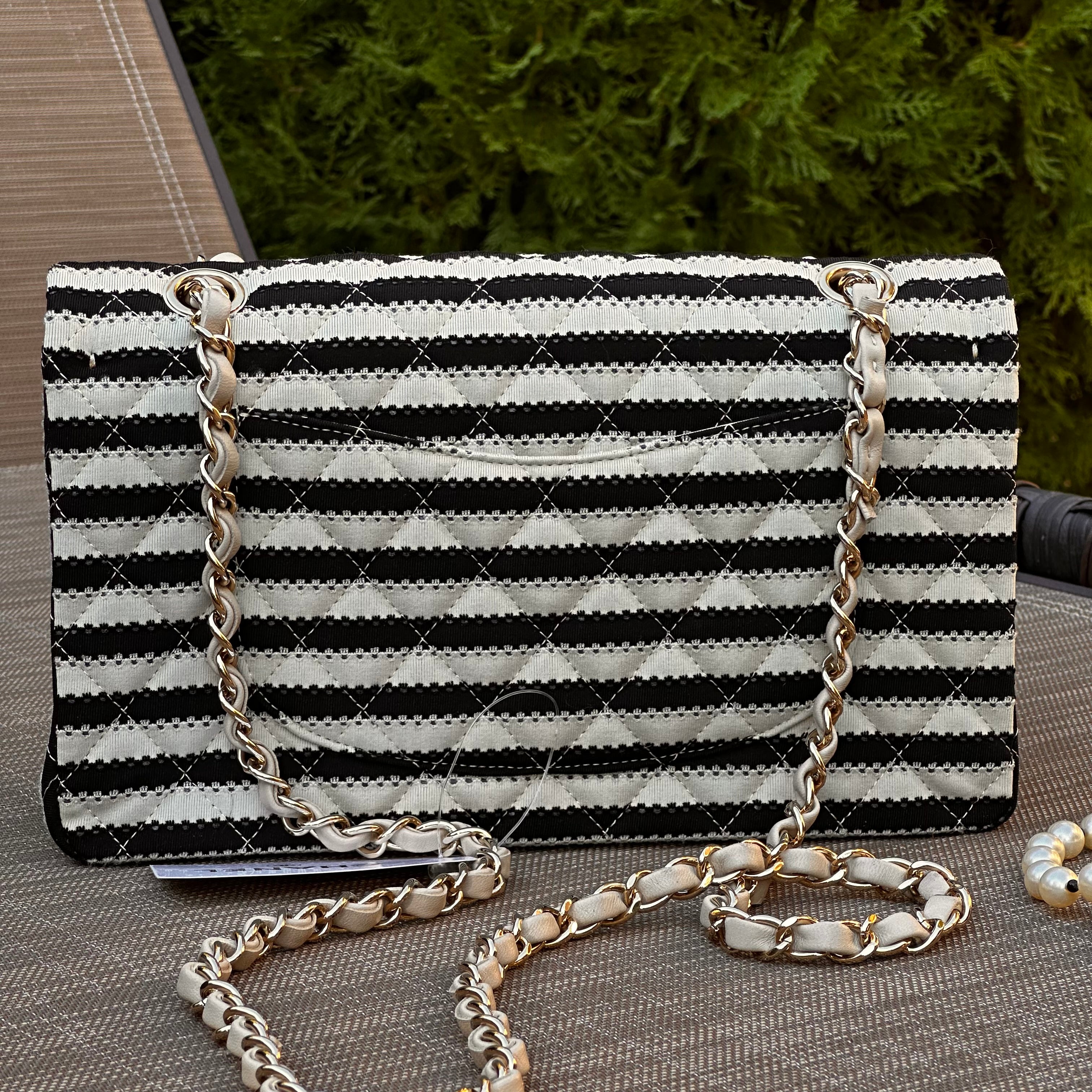 2014 Chanel Medium Flap Beige & Black Jersey LGHW