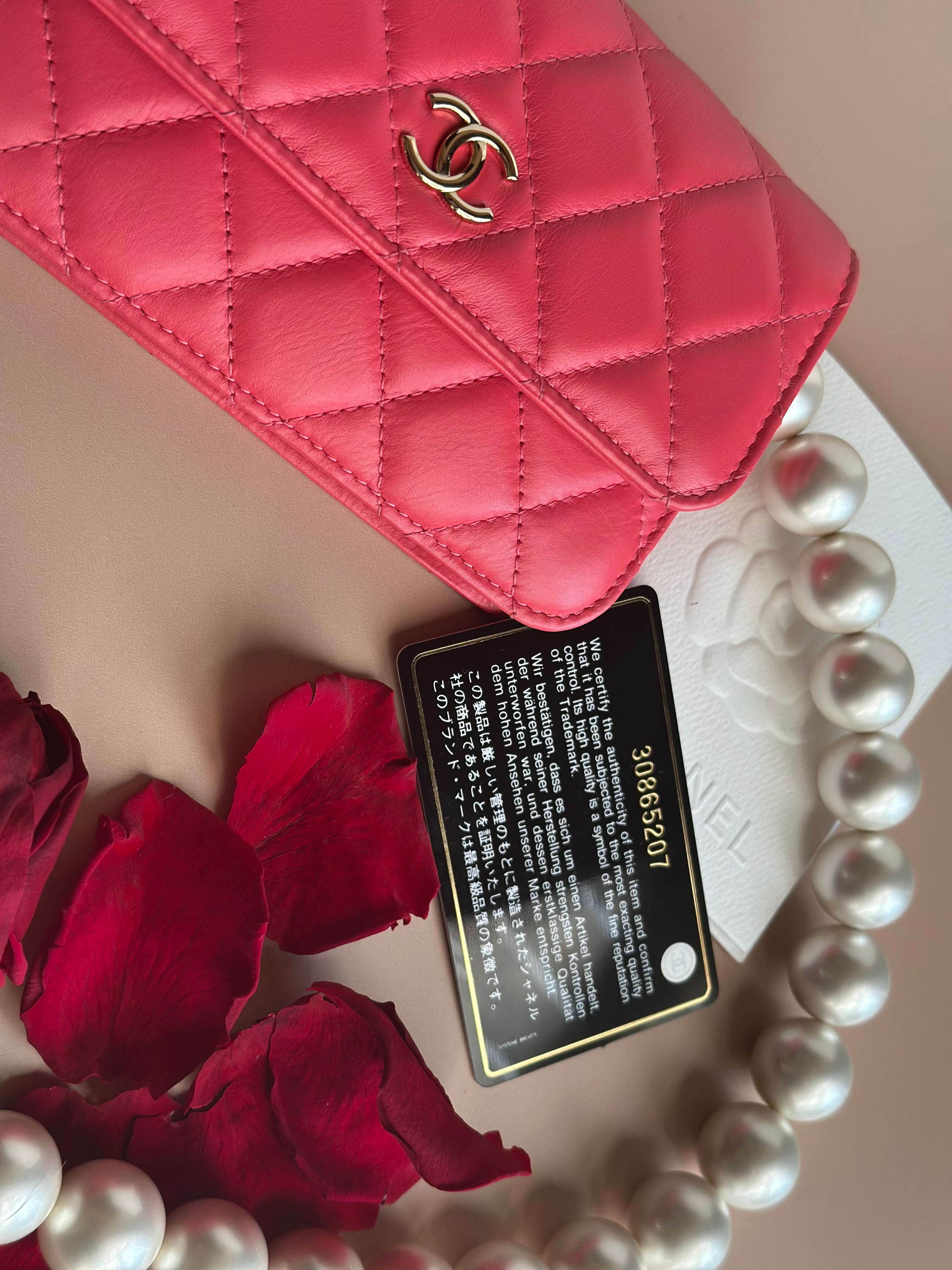 2020 Chanel Maxi Pearls Mini Flap Dark Pink Calfskin light gold hardware