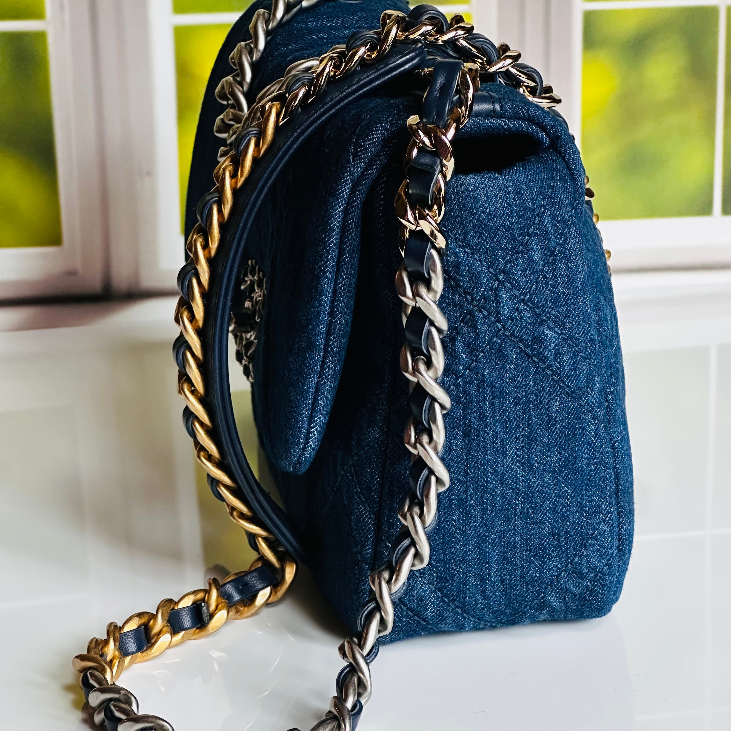 2022 Chanel Small-Medium 19 Flap Dark Blue Denim w/mixed Finish Hardware