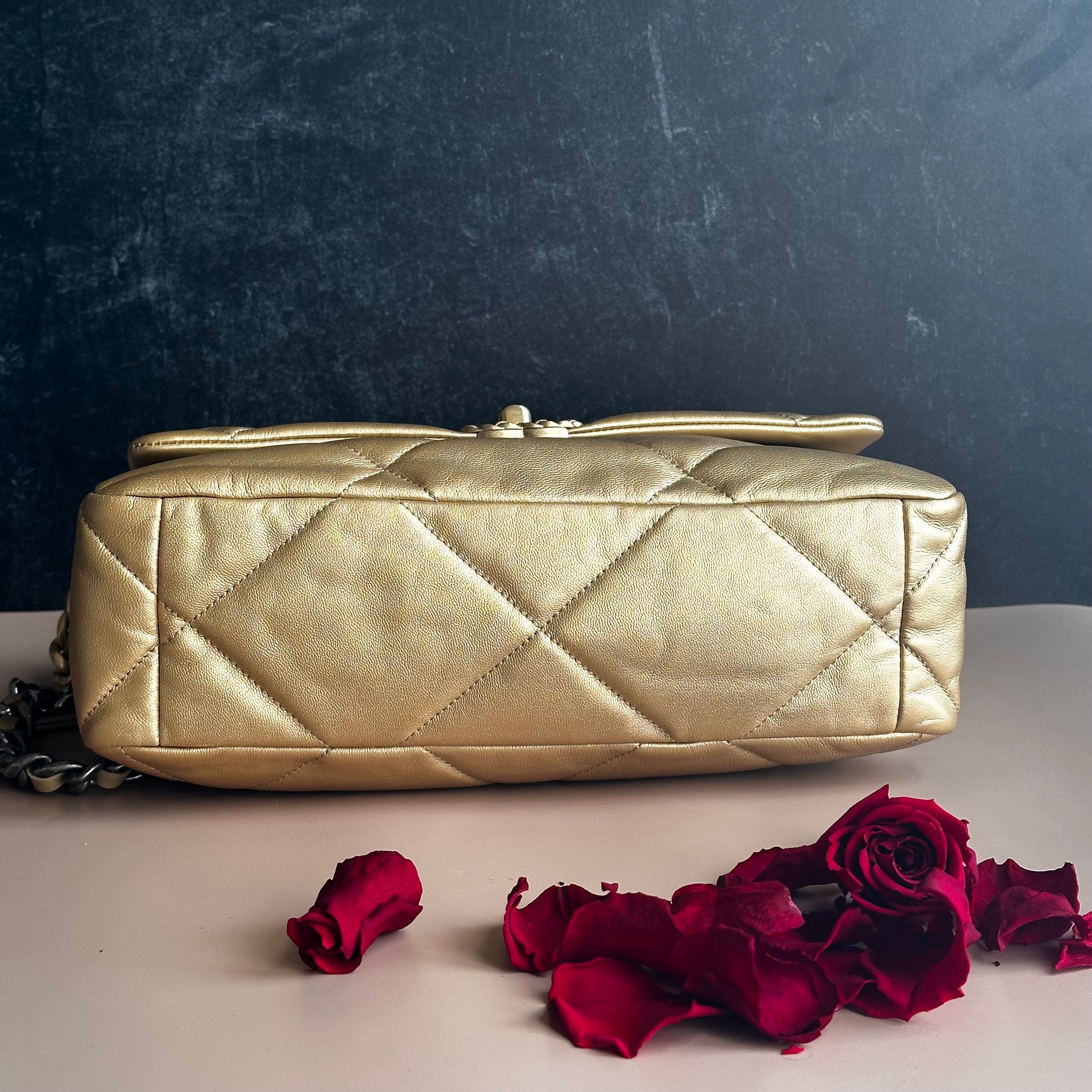 20B Chanel Medium-Large 19 Flap Metallic Gold Goatskin Mix Hardware and Cotton Linings