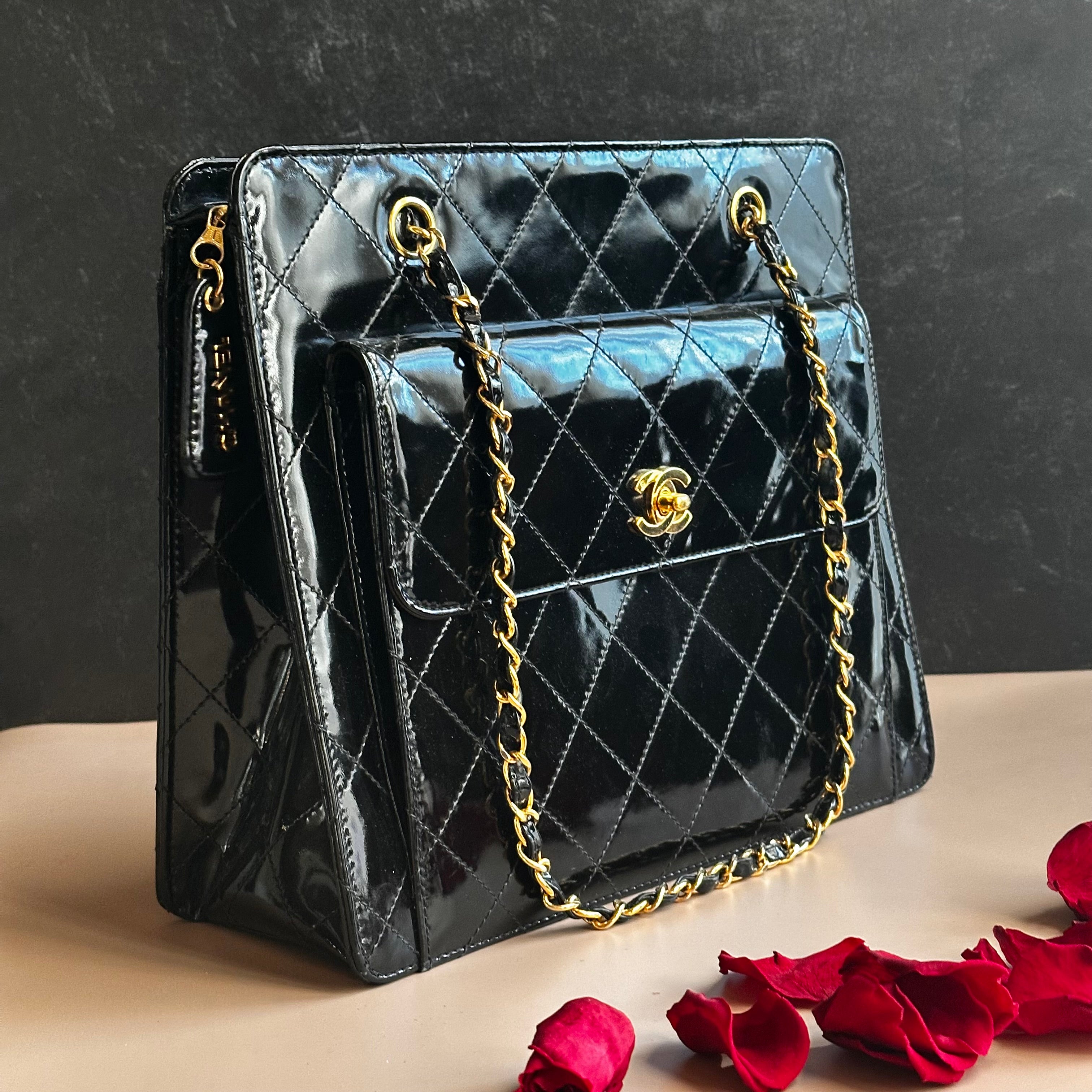 1998 Chanel vintage shopping tote black patent calfskin 24K Gold Hardware