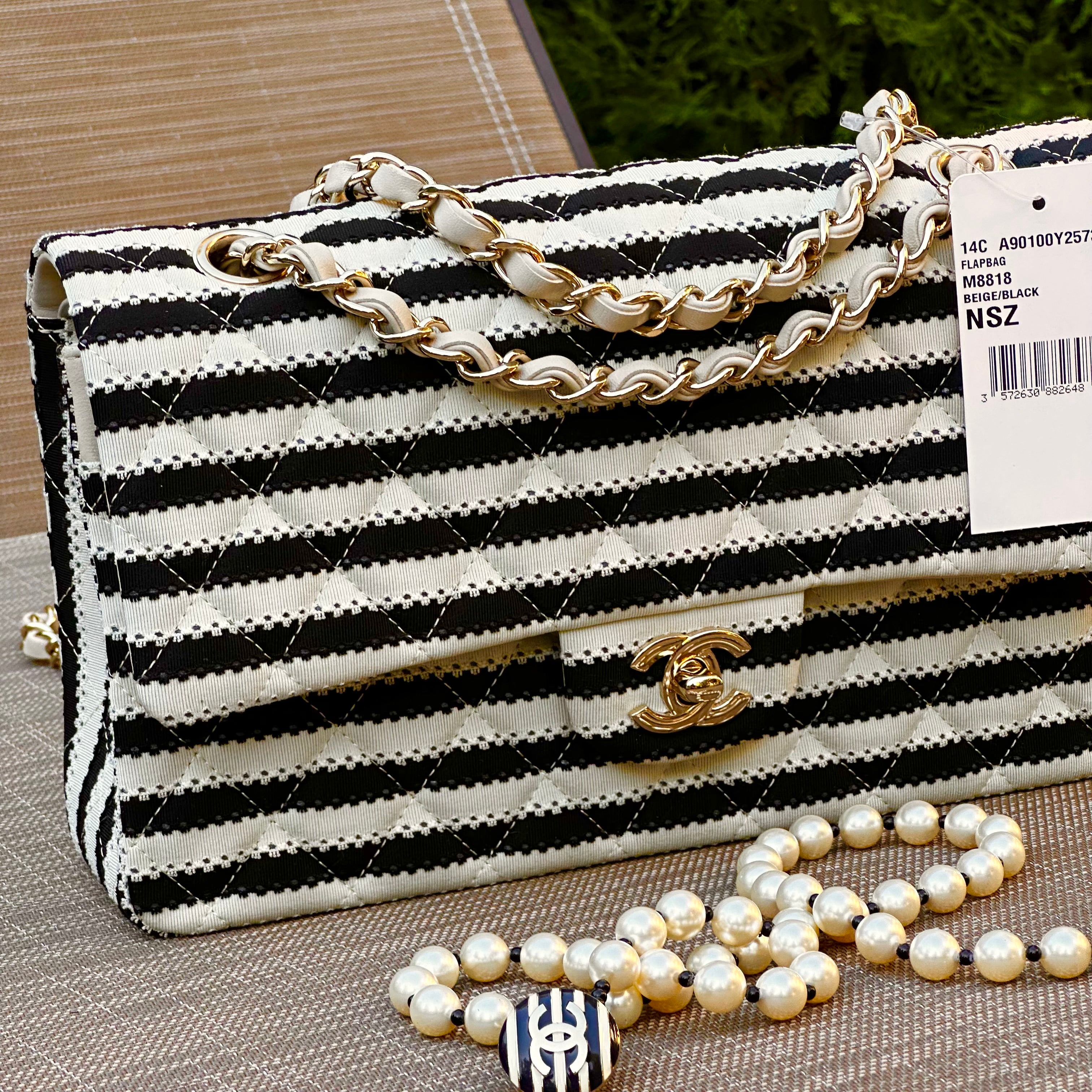2014 Chanel Medium Flap Beige & Black Jersey LGHW