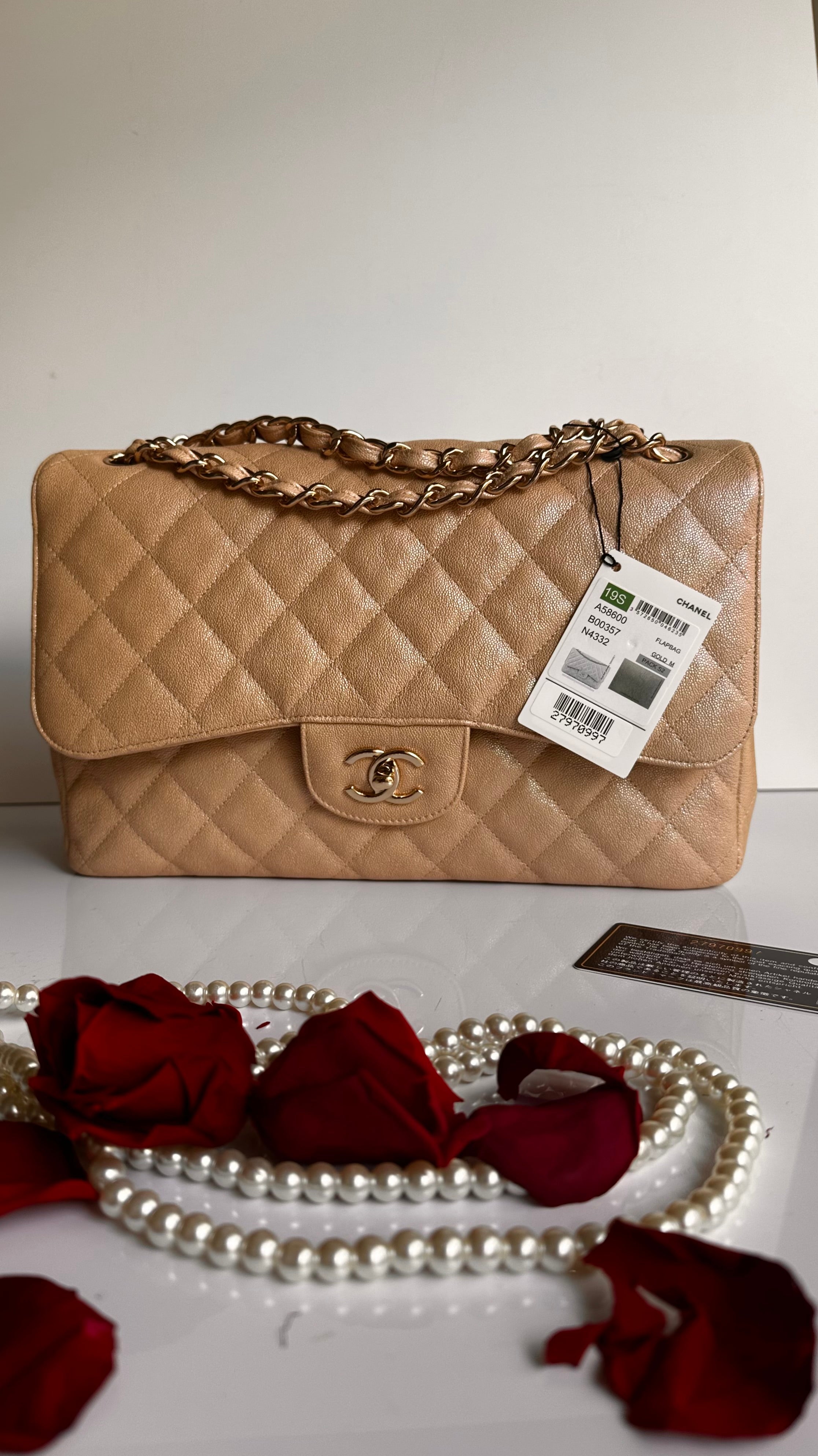 19S Chanel Timeless Classic Jumbo Iridescent Beige Caviar LGHW