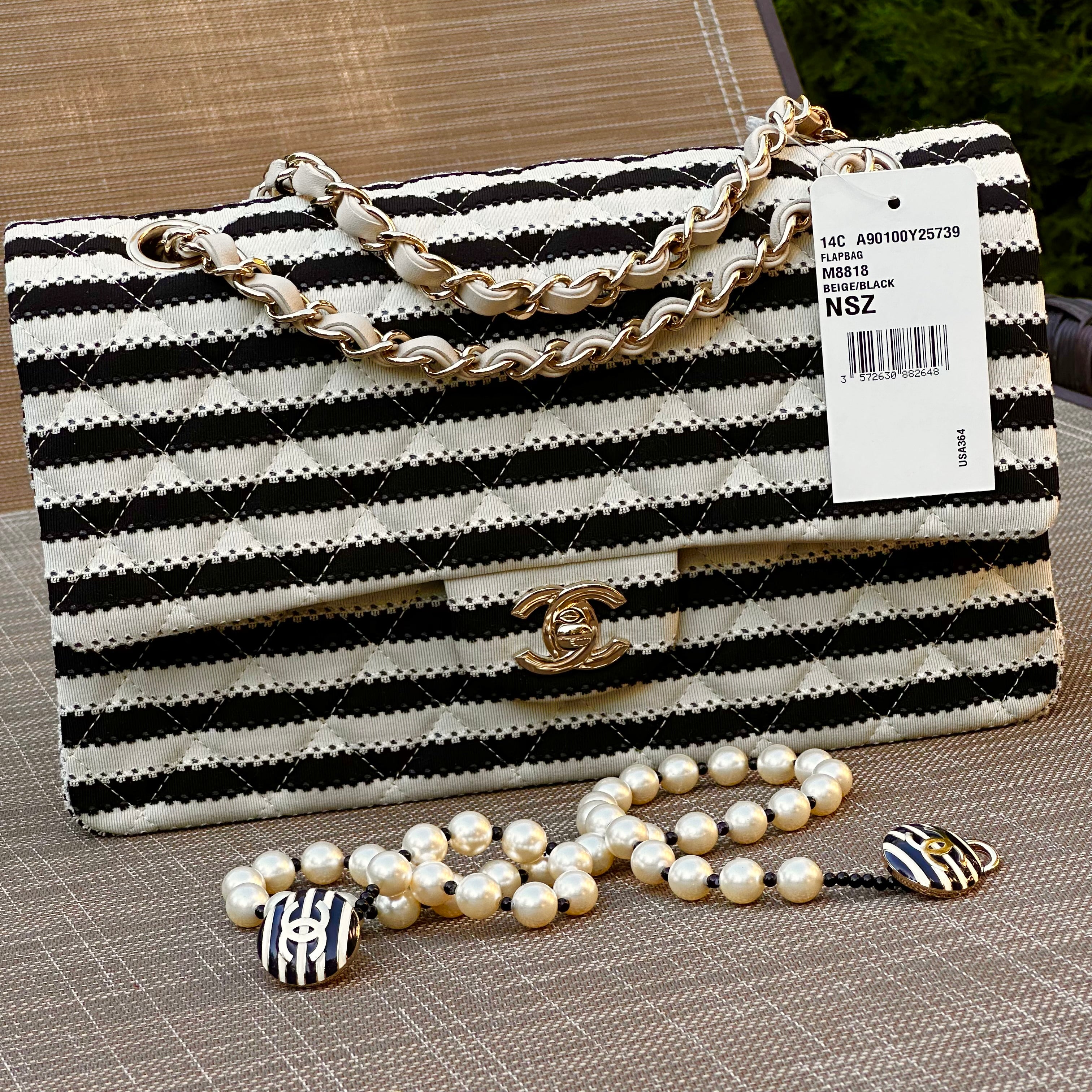 2014 Chanel Medium Flap Beige & Black Jersey LGHW