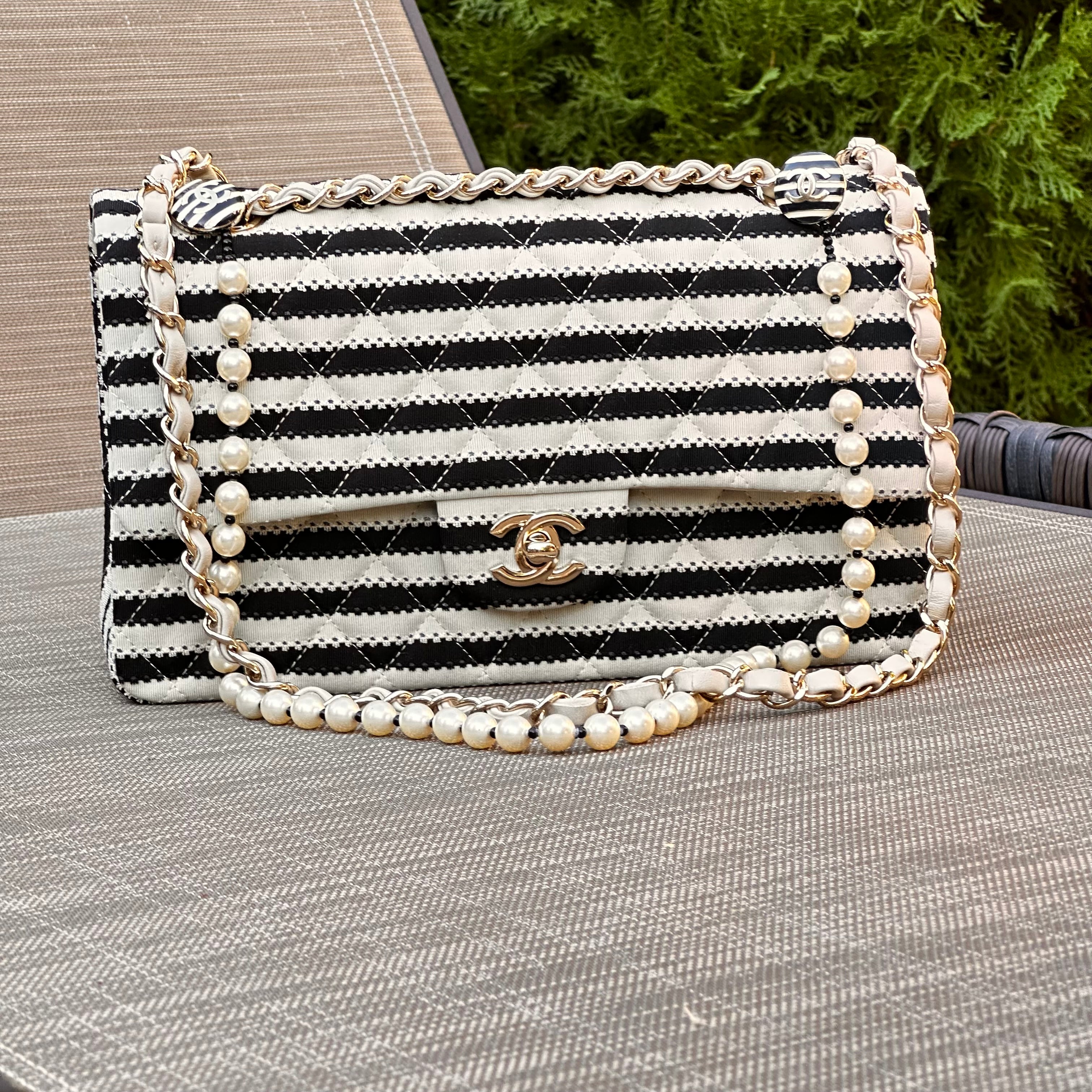 2014 Chanel Medium Flap Beige & Black Jersey LGHW