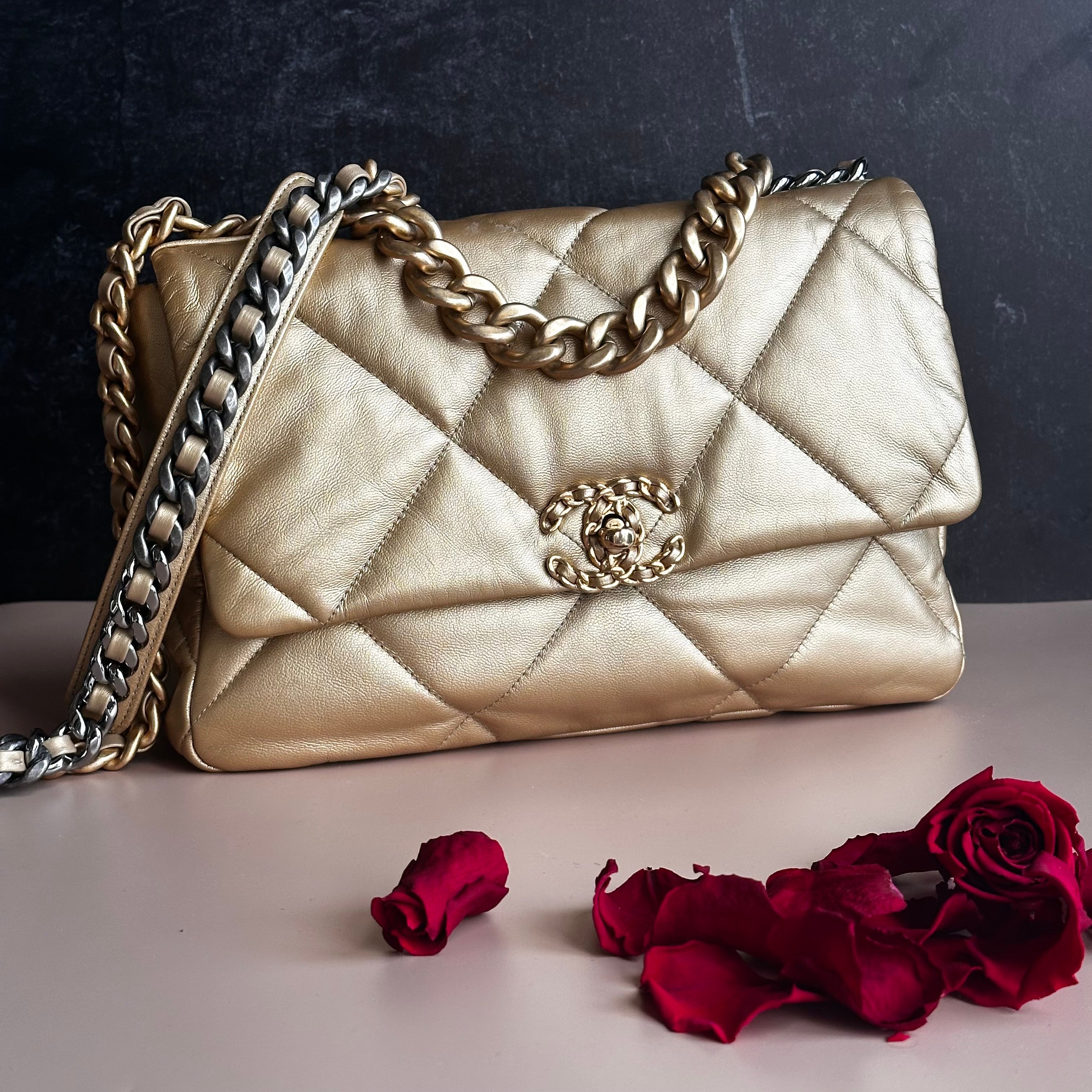 20B Chanel Medium-Large 19 Flap Metallic Gold Goatskin Mix Hardware and Cotton Linings