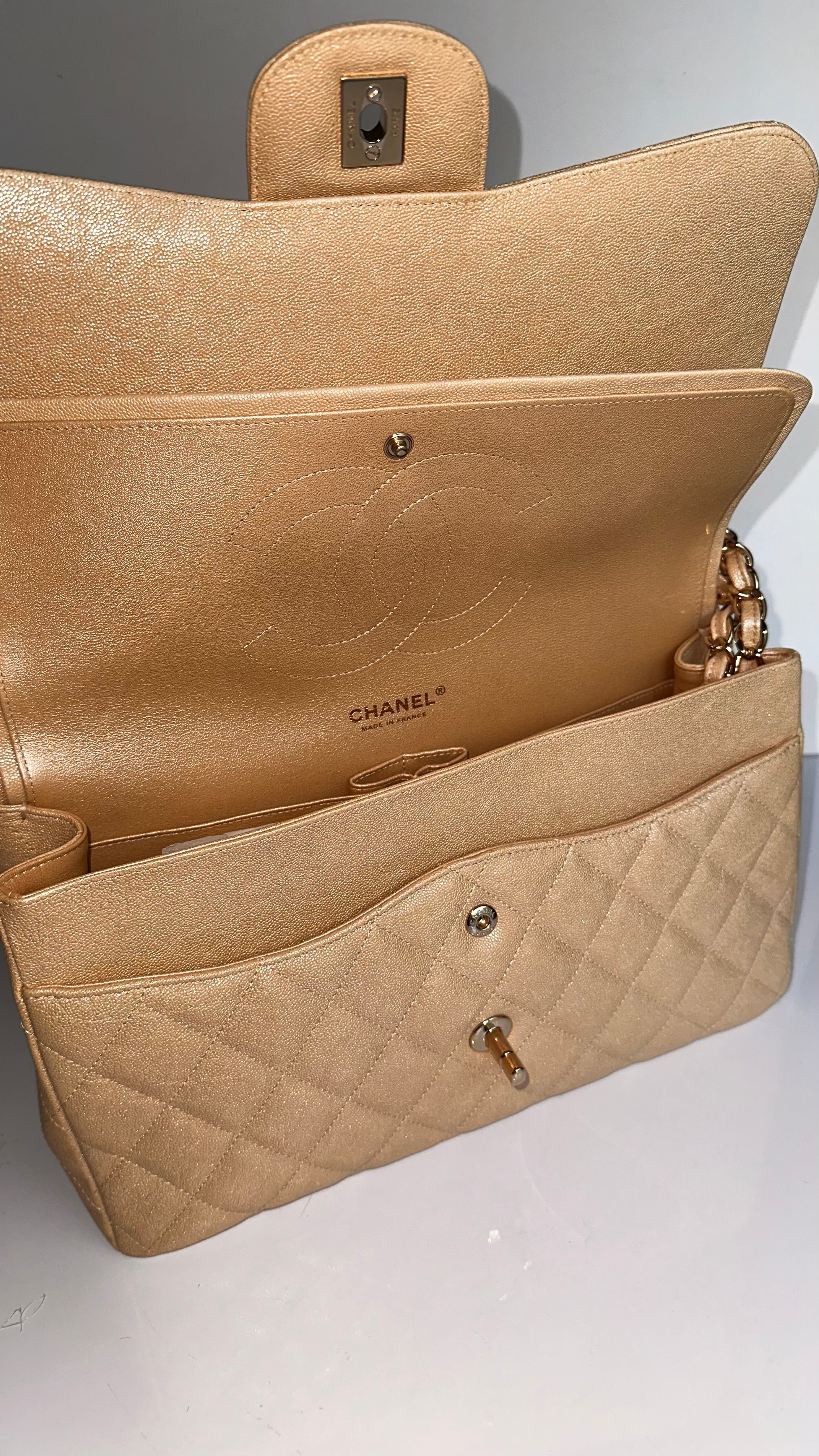 19S Chanel Timeless Classic Jumbo Iridescent Beige Caviar LGHW
