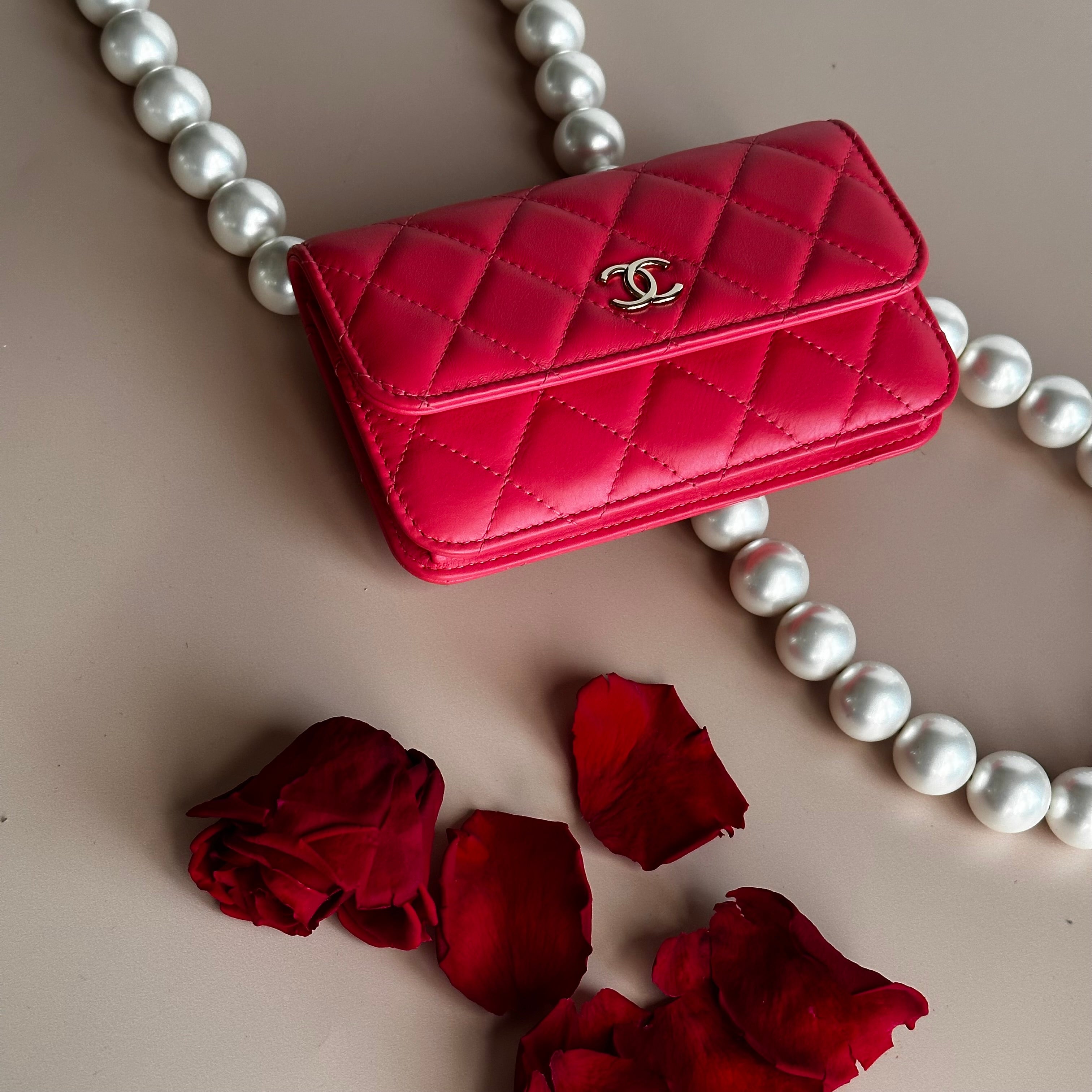 2020 Chanel Maxi Pearls Mini Flap Dark Pink Calfskin light gold hardware
