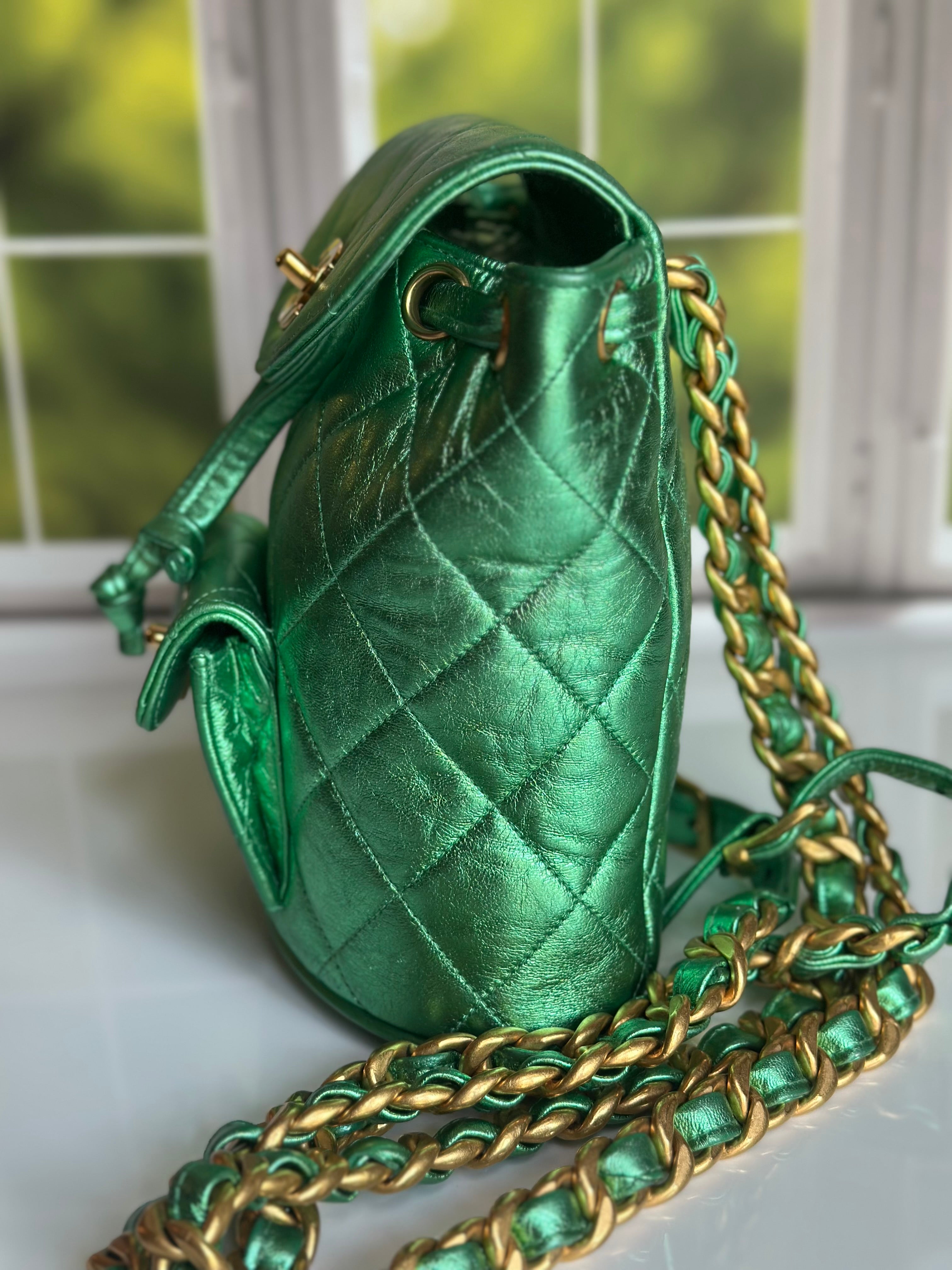 1994 Chanel Mini Duma Backpack Metallic Green Lambskin & 24K Gold Plated Hardware