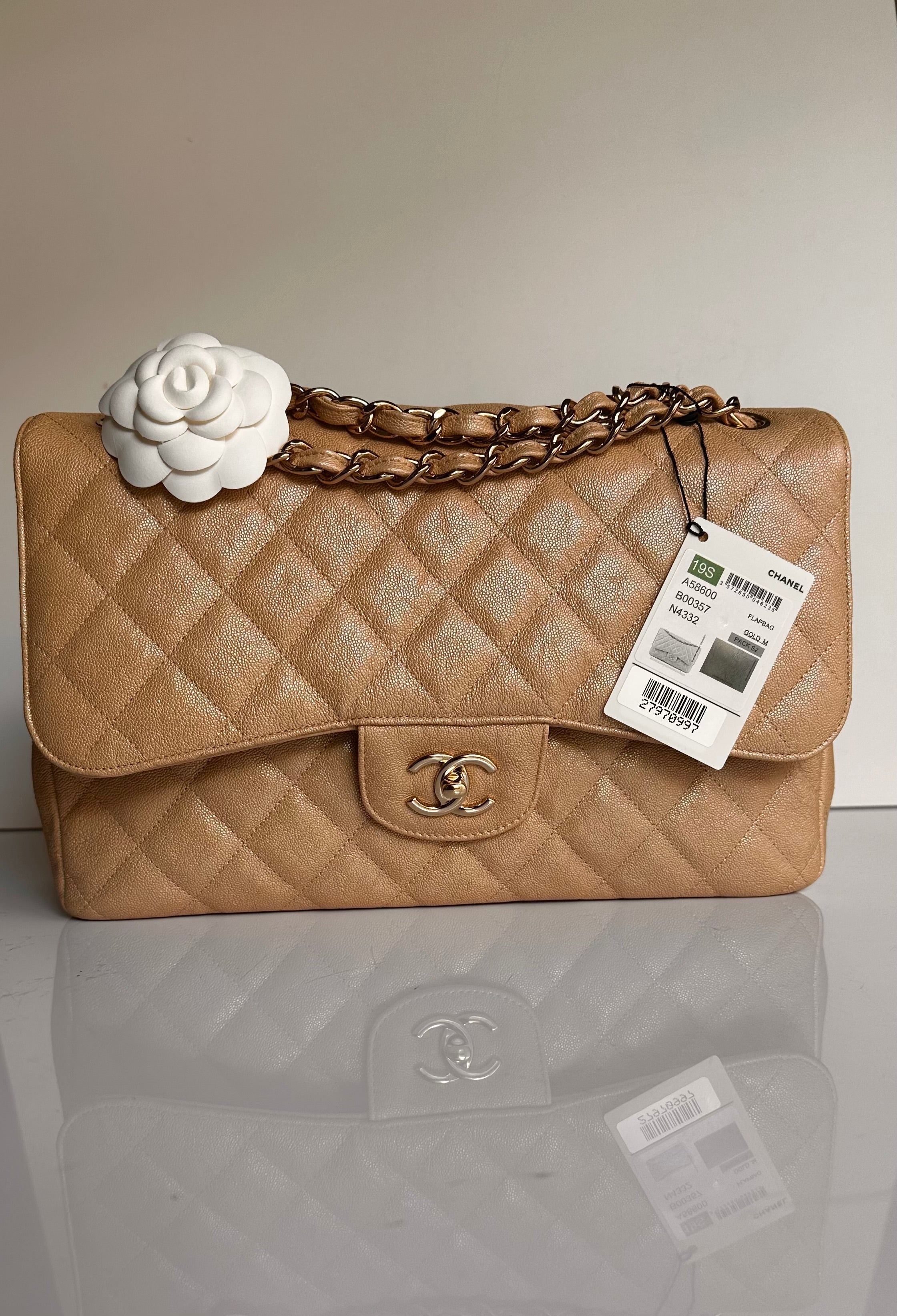 19S Chanel Timeless Classic Jumbo Iridescent Beige Caviar LGHW