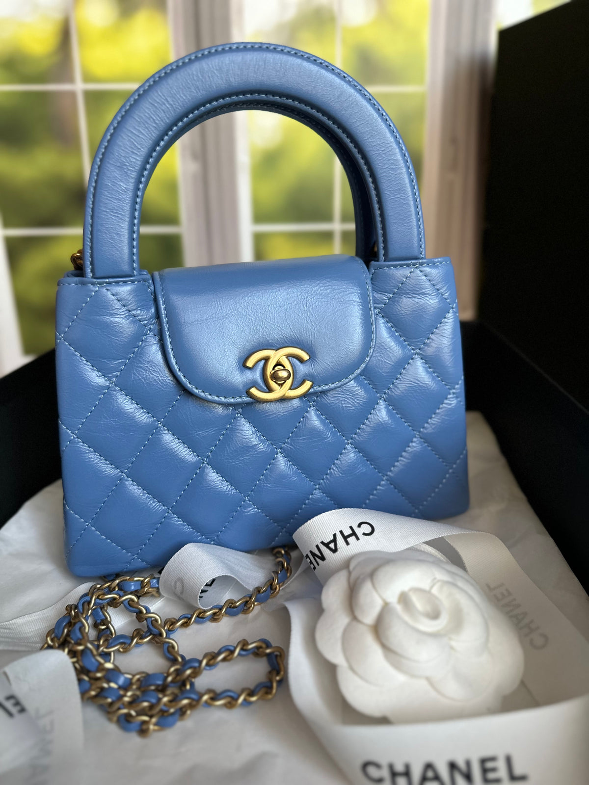 2025 Chanel Nano Kelly Shopper Aged Blue Calfskin GHW