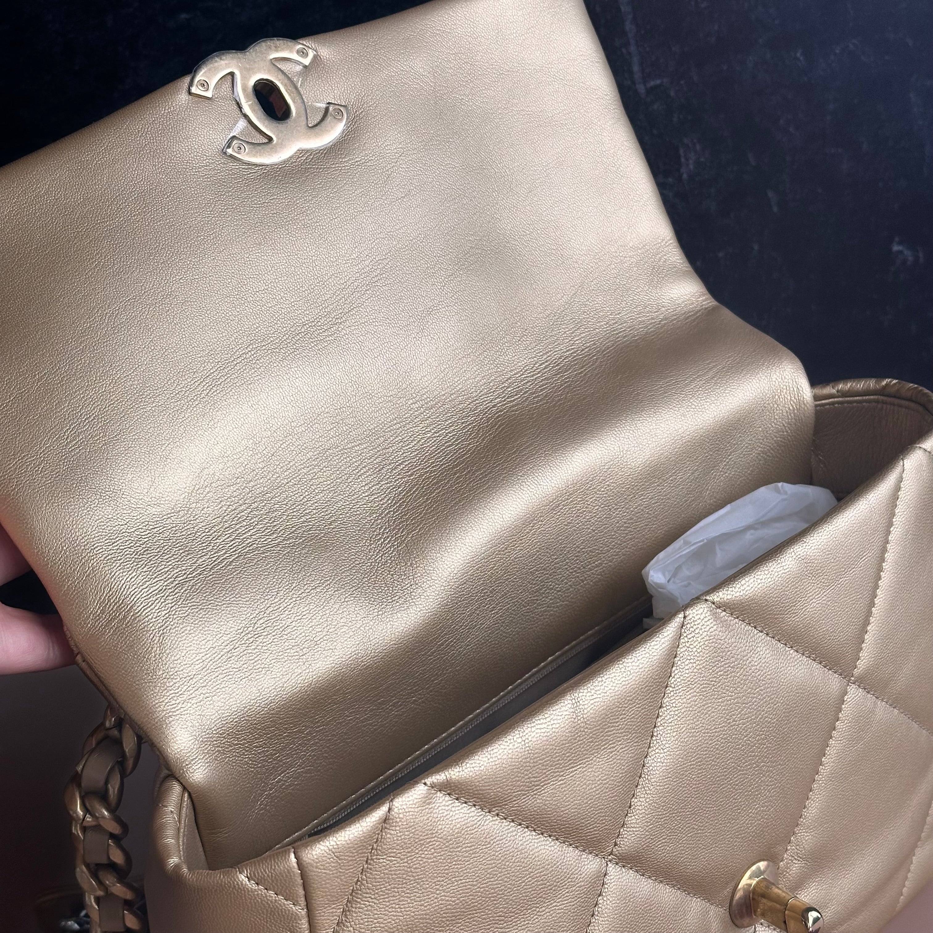 20B Chanel Medium-Large 19 Flap Metallic Gold Goatskin Mix Hardware and Cotton Linings