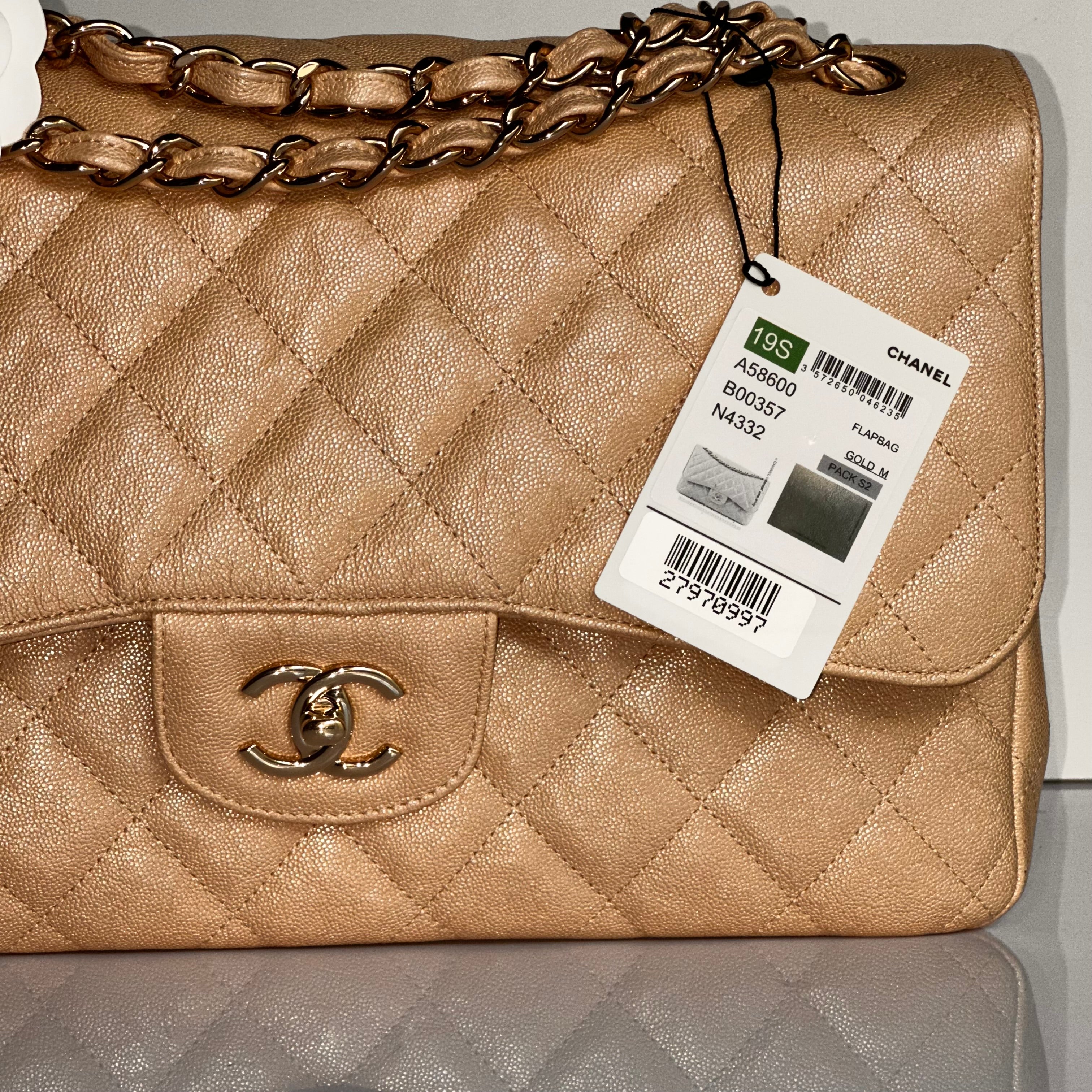 19S Chanel Timeless Classic Jumbo Iridescent Beige Caviar LGHW