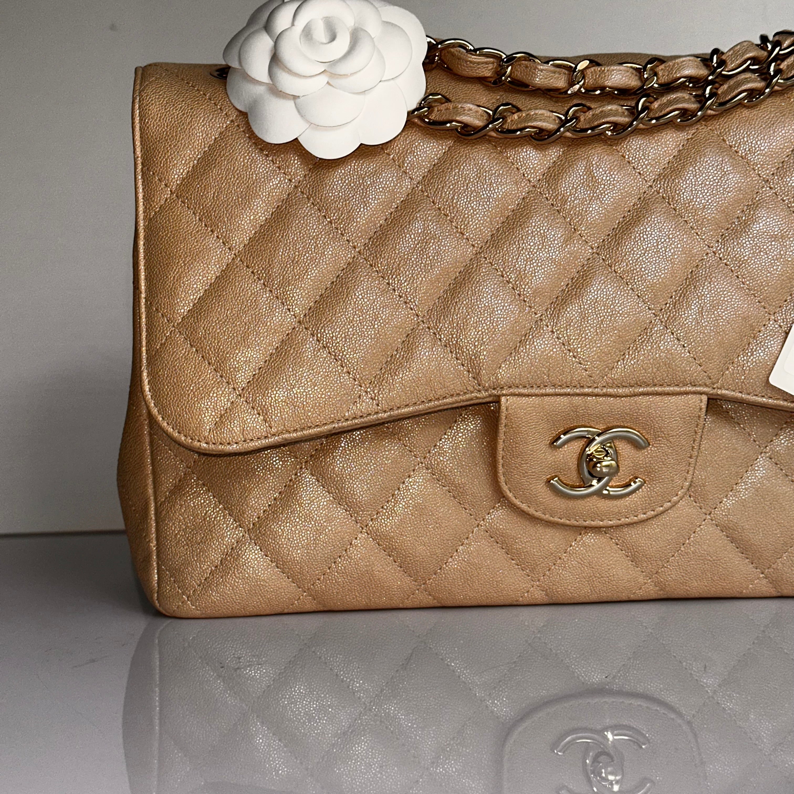 19S Chanel Timeless Classic Jumbo Iridescent Beige Caviar LGHW