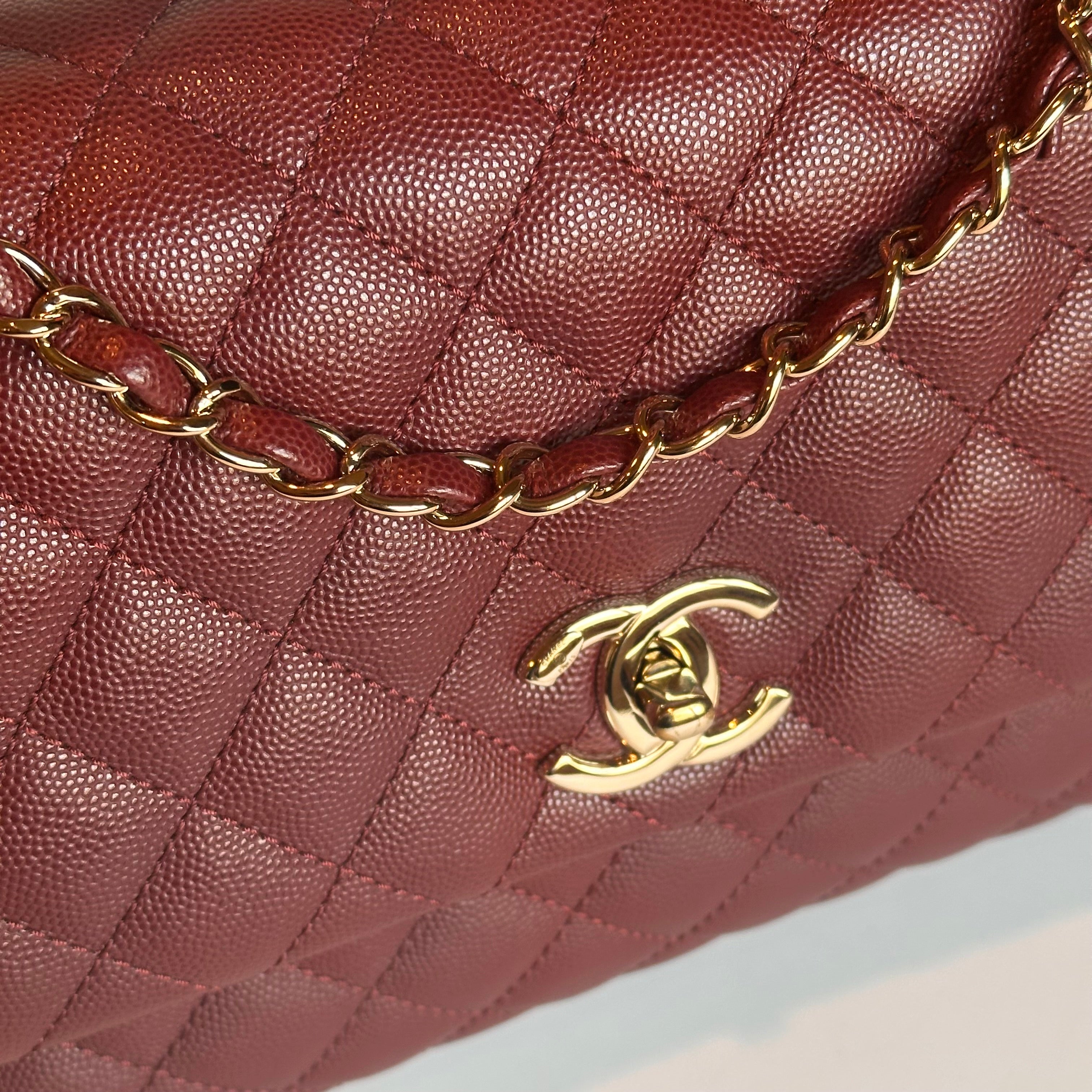 20K CHANEL Coco Top Handle Medium Flap Burgundy Caviar LGHW