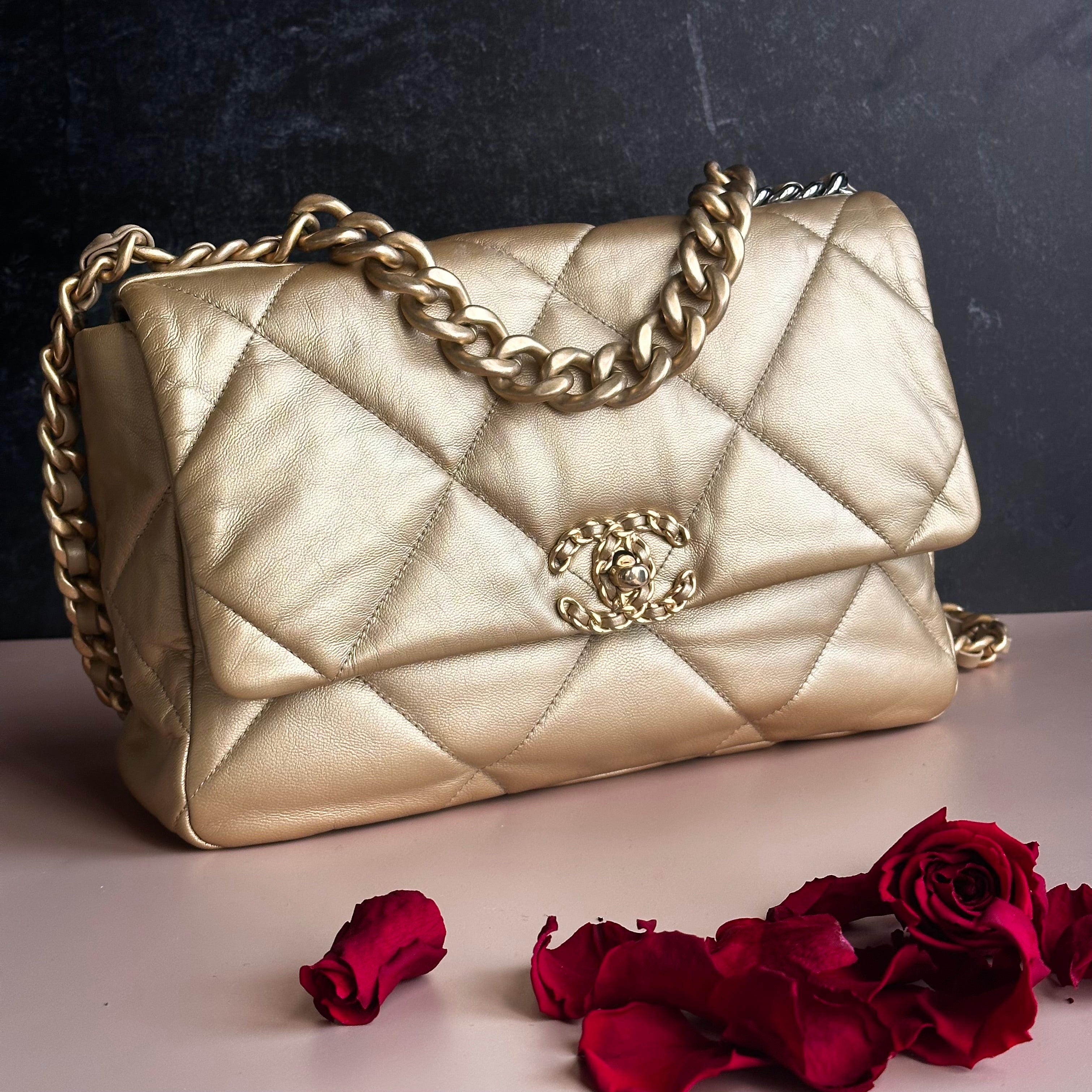 20B Chanel Medium-Large 19 Flap Metallic Gold Goatskin Mix Hardware and Cotton Linings