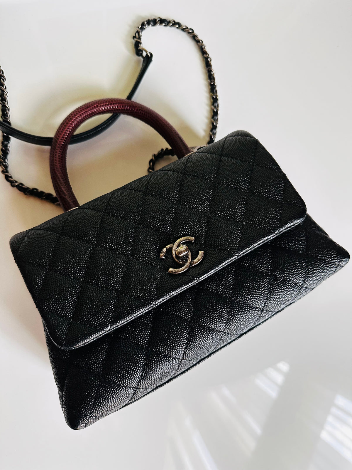 16B Chanel Small Coco Handle Black Caviar & Ruthenium Hardware w/Lizard Accent
