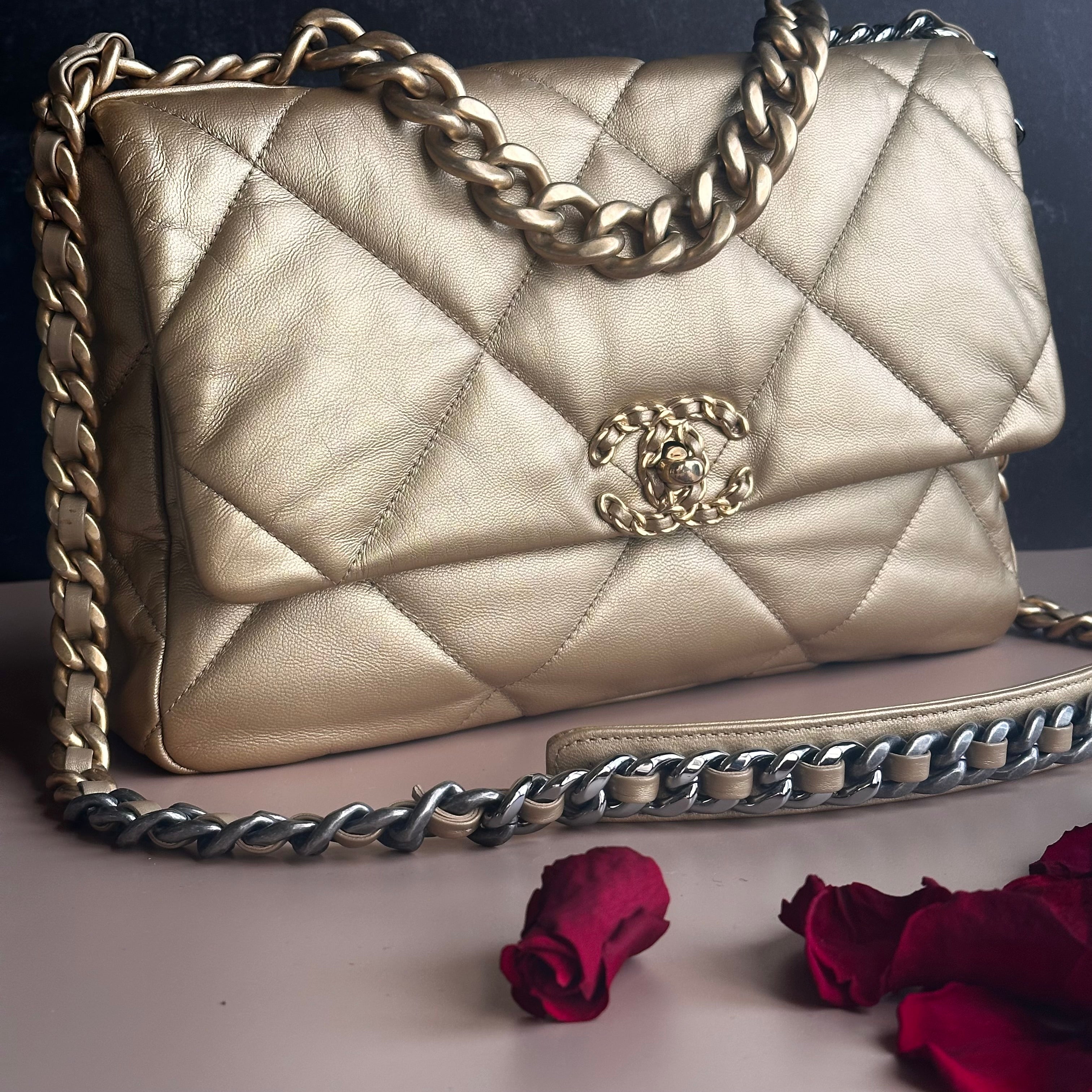 20B Chanel Medium-Large 19 Flap Metallic Gold Goatskin Mix Hardware and Cotton Linings