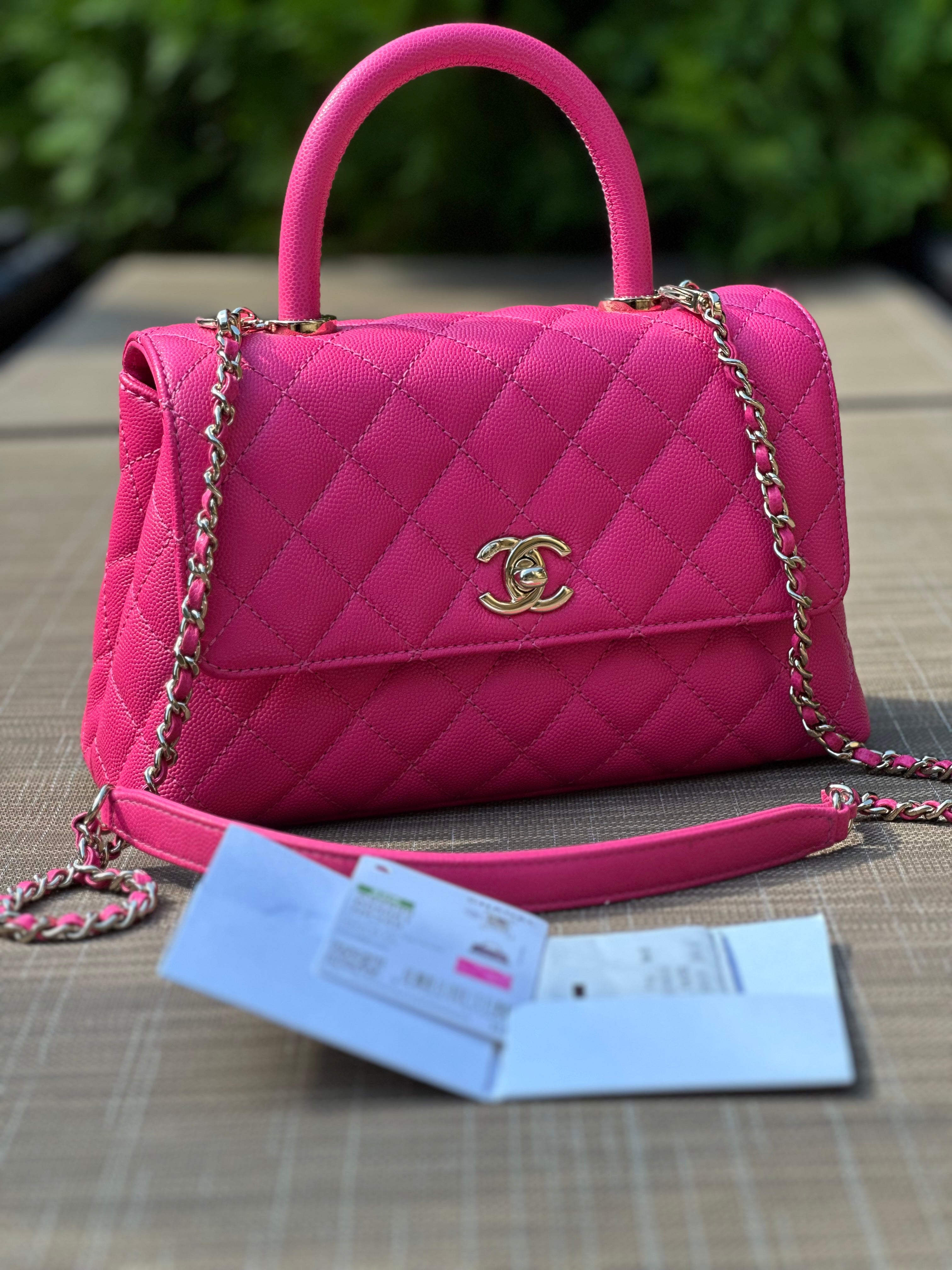 22K Chanel Small Coco Handle Flap Fuchsia Caviar Light Gold Hardware