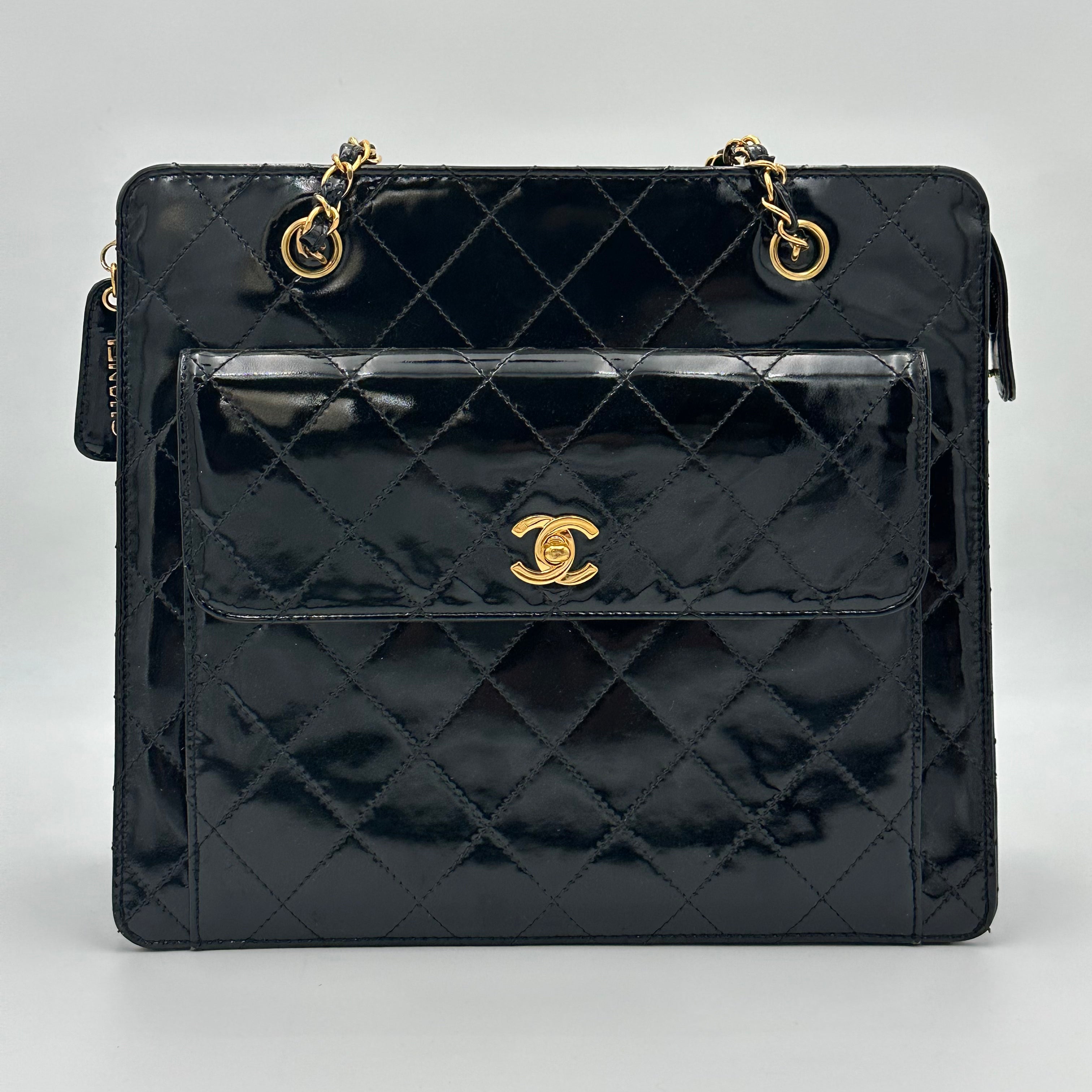1998 Chanel vintage shopping tote black patent calfskin 24K Gold Hardware