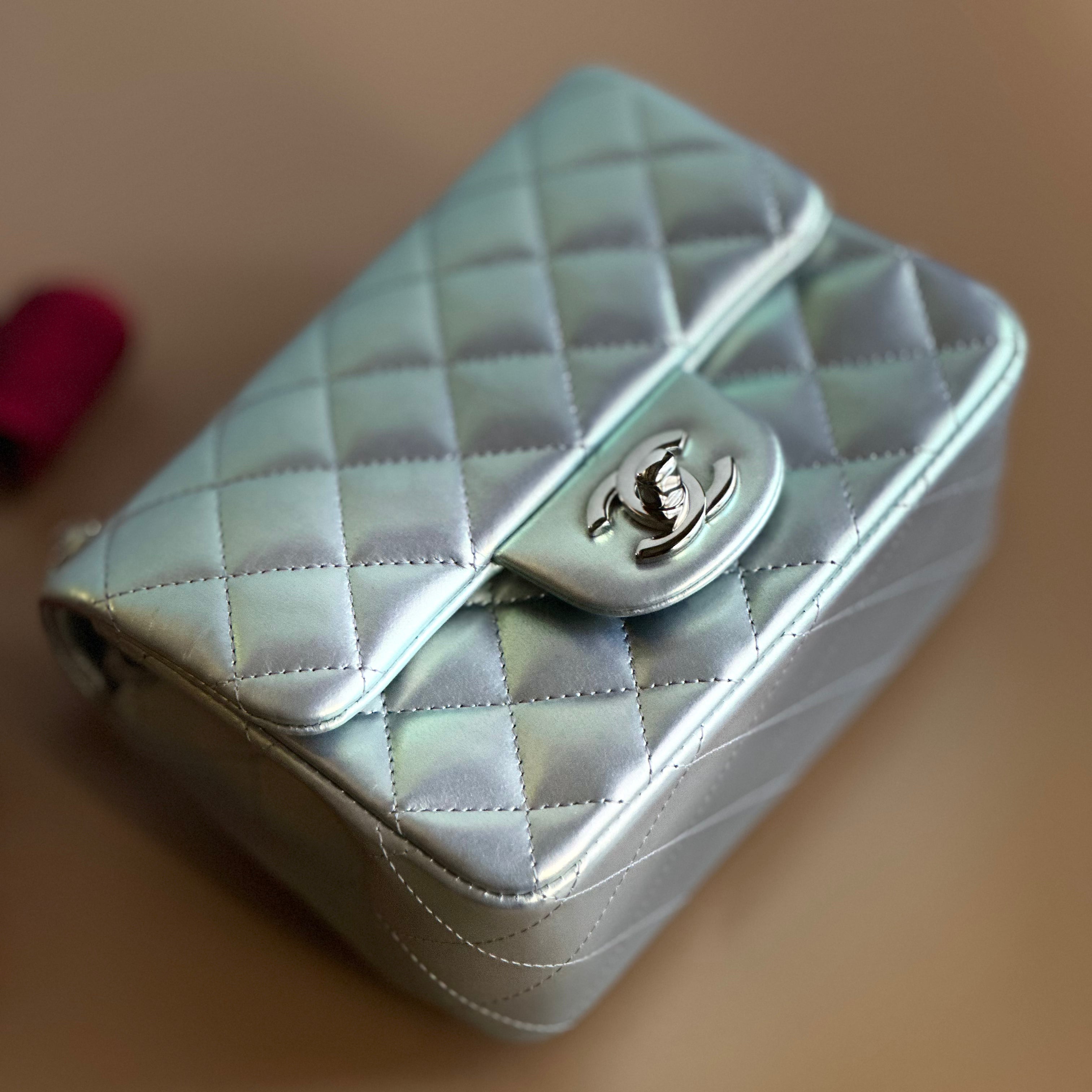 21K Timeless Classic Mini Square Quilted Flap Iridescent Light Blue Calfskin Silver Hardware