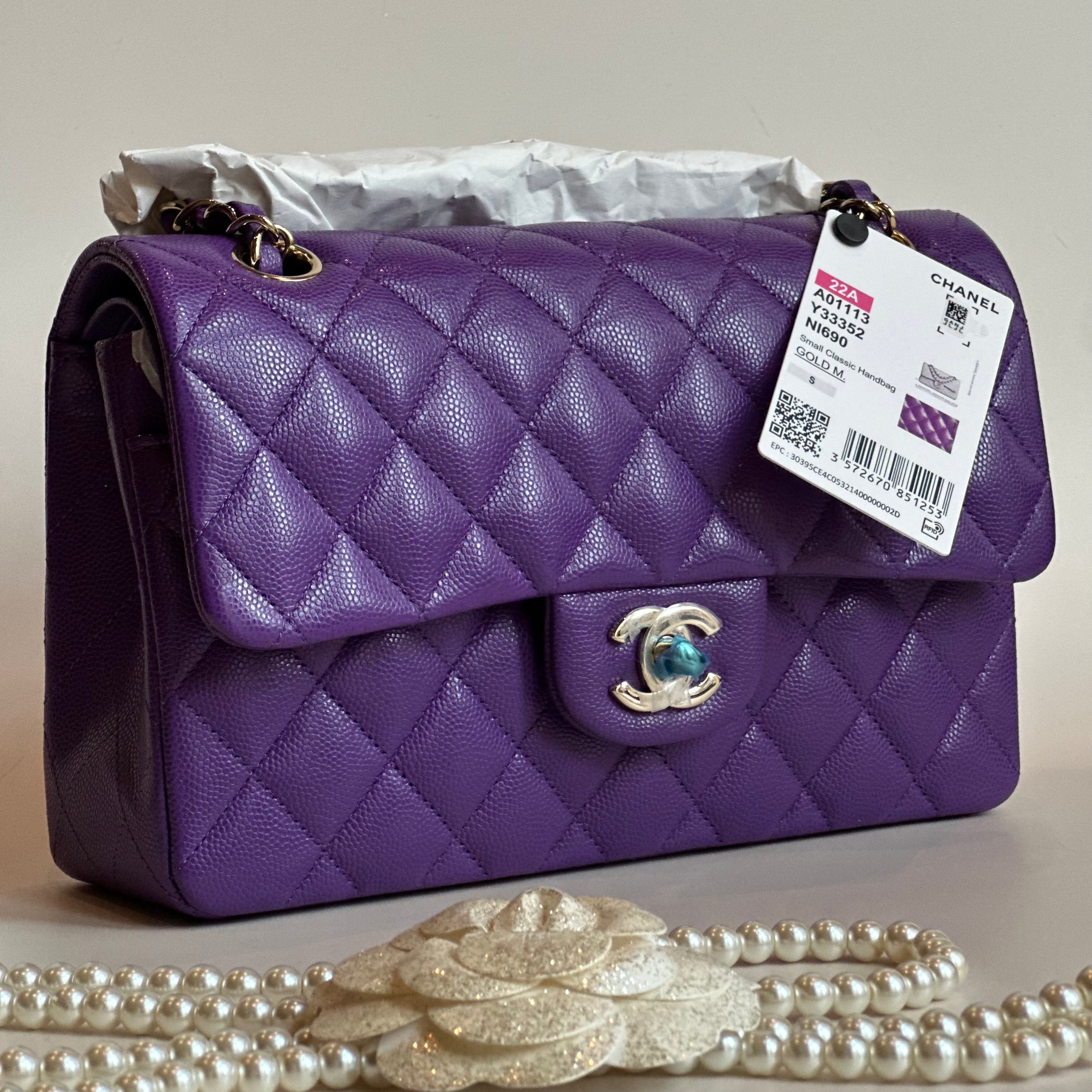 BNIBWT 22A Chanel Small Classic Flap Purple Caviar LGHW