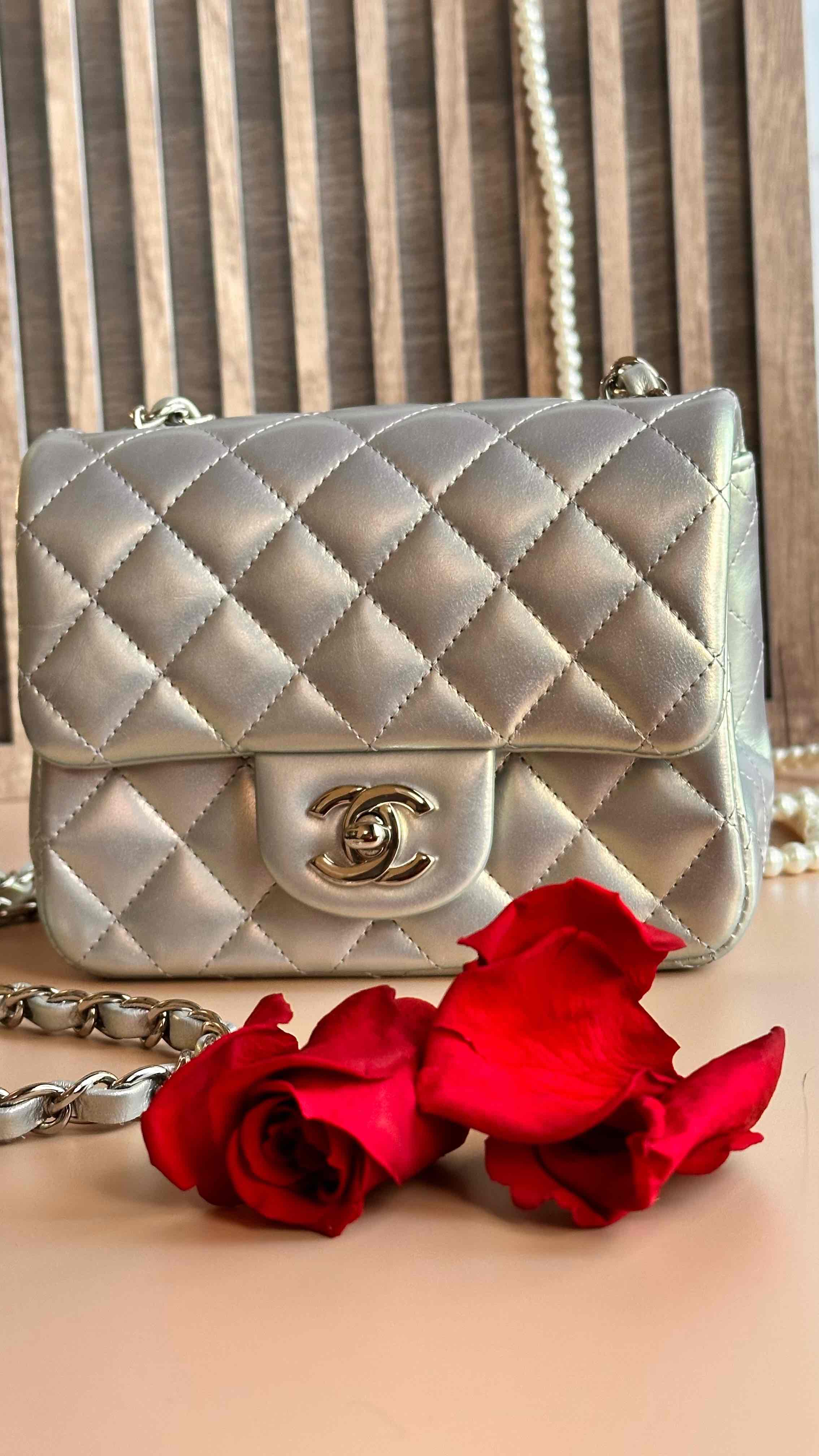 21K Timeless Classic Mini Square Quilted Flap Iridescent Light Blue Calfskin Silver Hardware