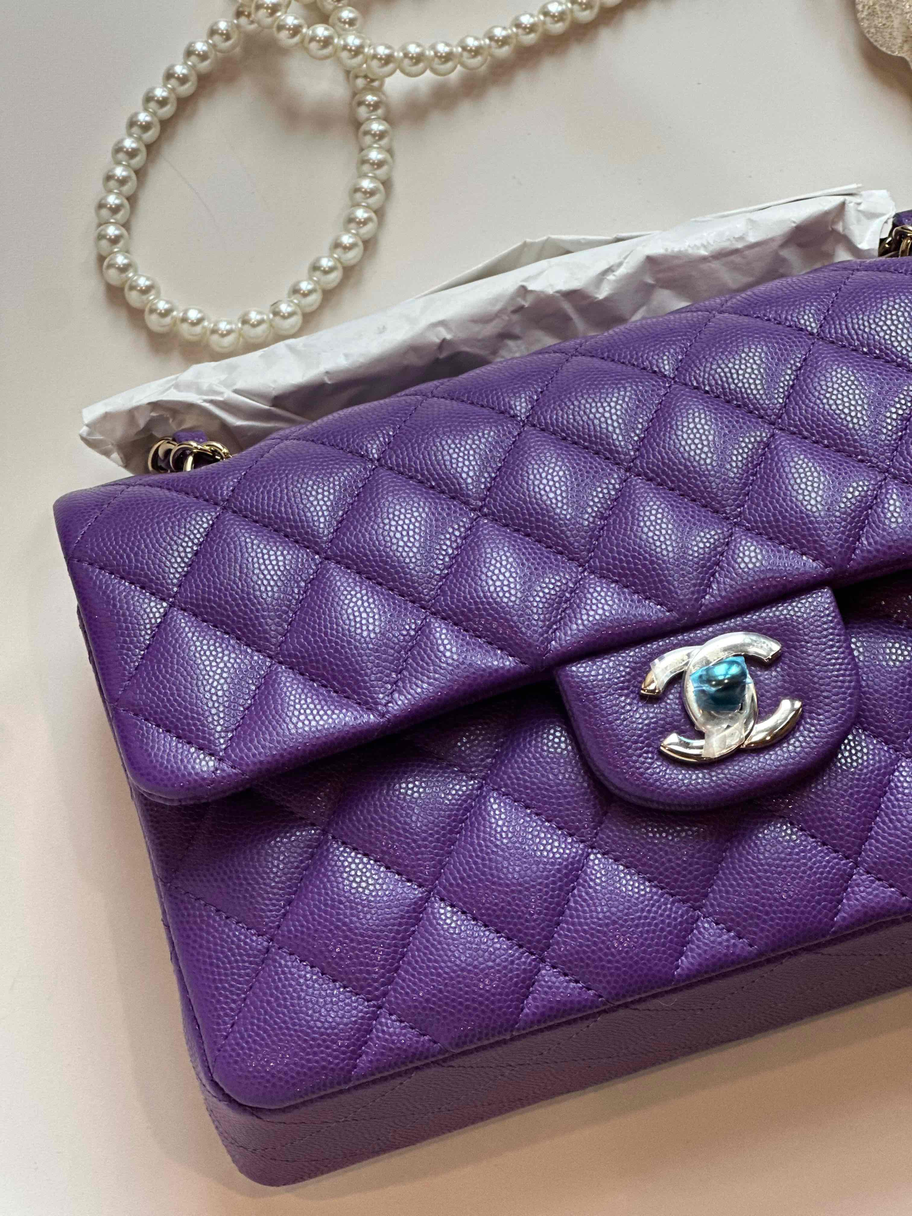 BNIBWT 22A Chanel Small Classic Flap Purple Caviar LGHW