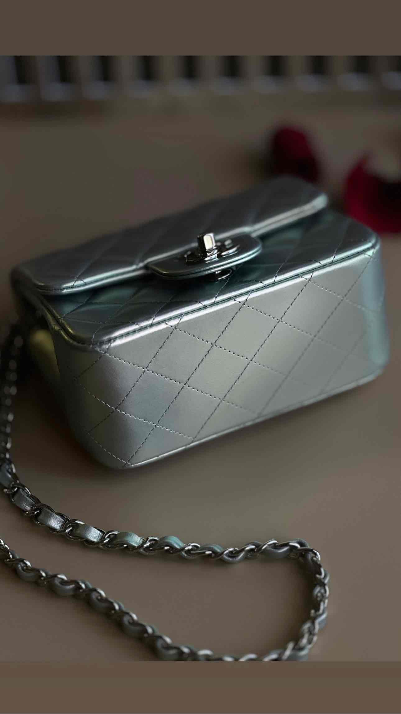 21K Timeless Classic Mini Square Quilted Flap Iridescent Light Blue Calfskin Silver Hardware