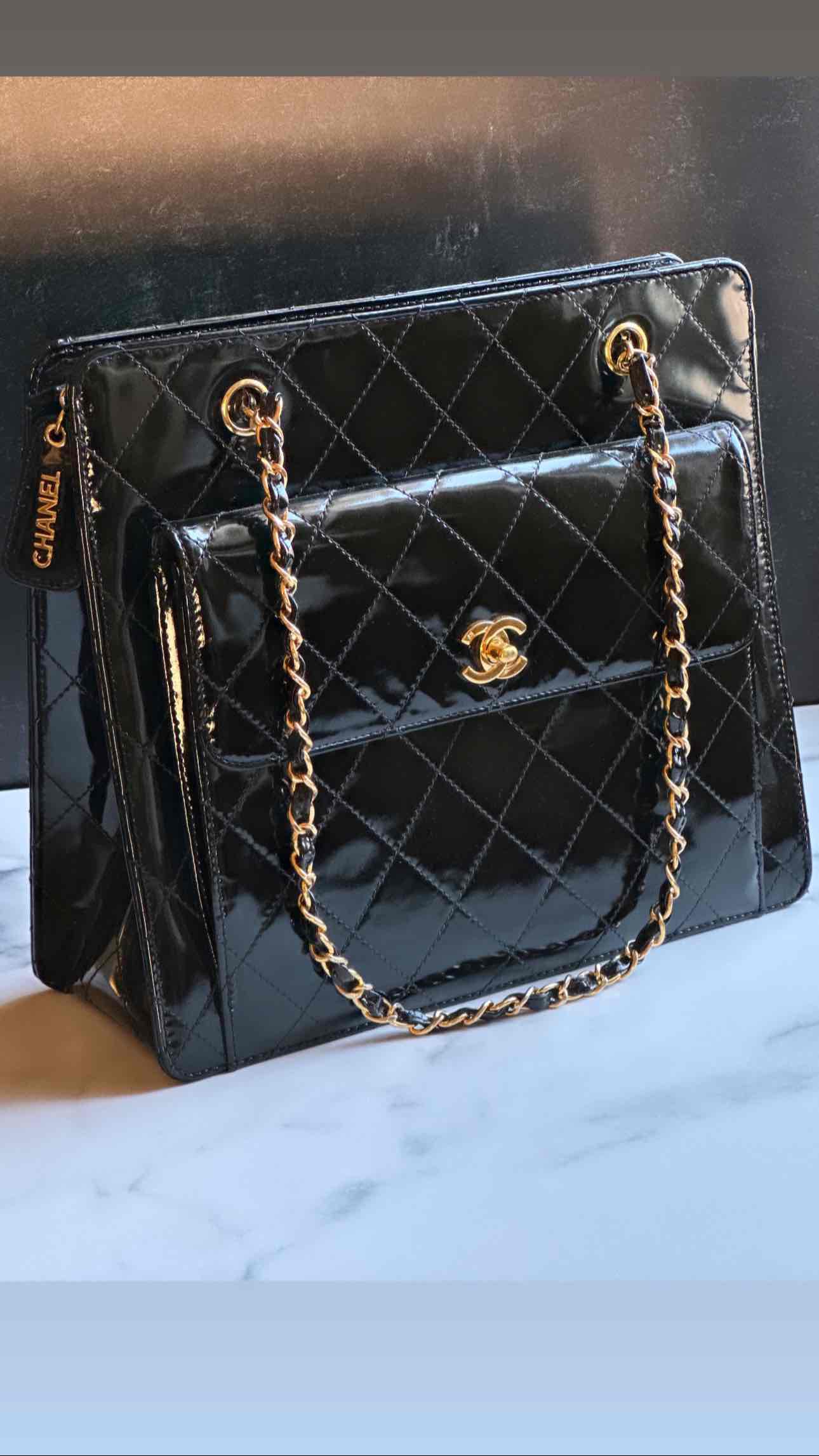 1998 Chanel vintage shopping tote black patent calfskin 24K Gold Hardware