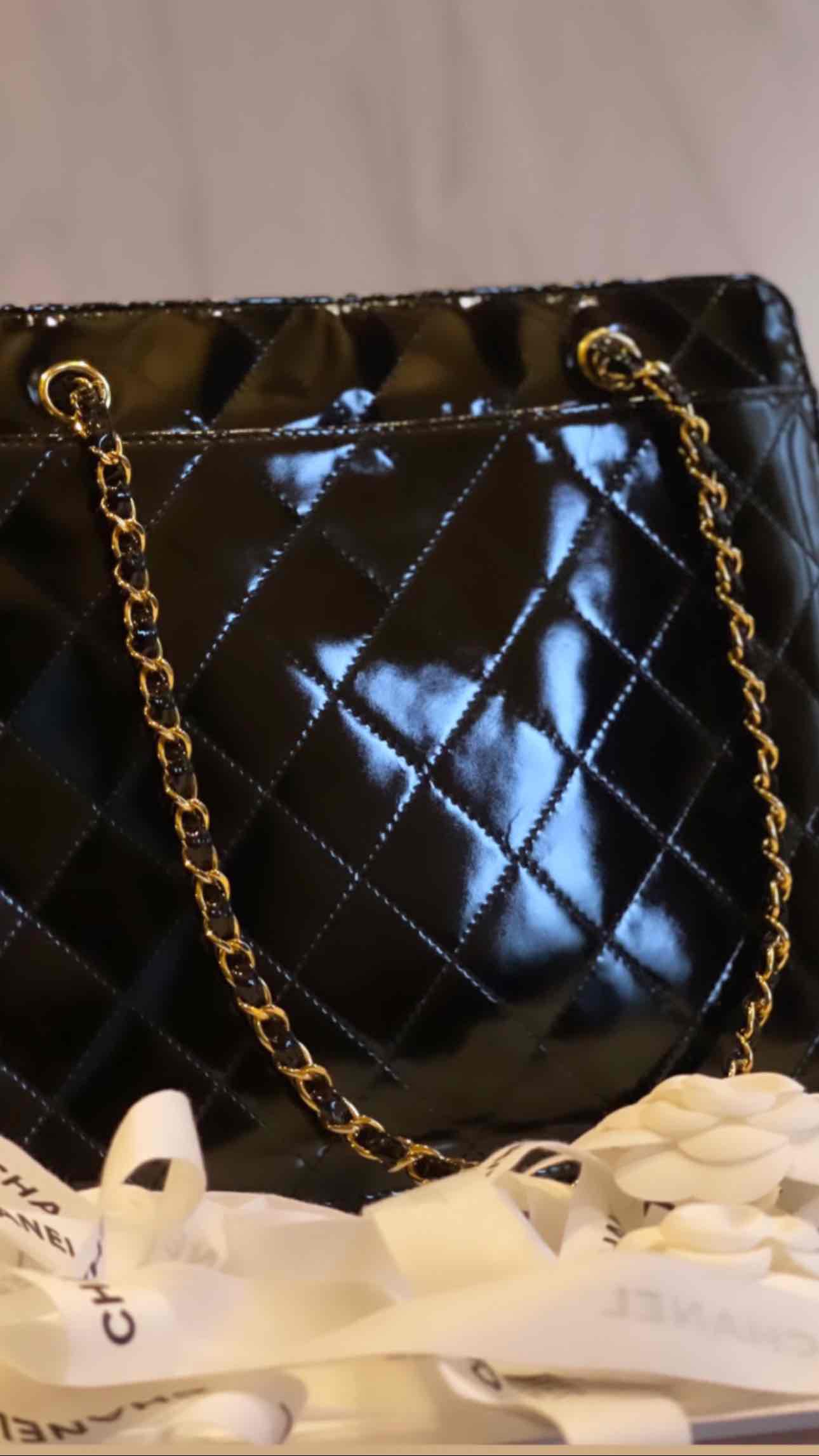 1998 Chanel vintage shopping tote black patent calfskin 24K Gold Hardware