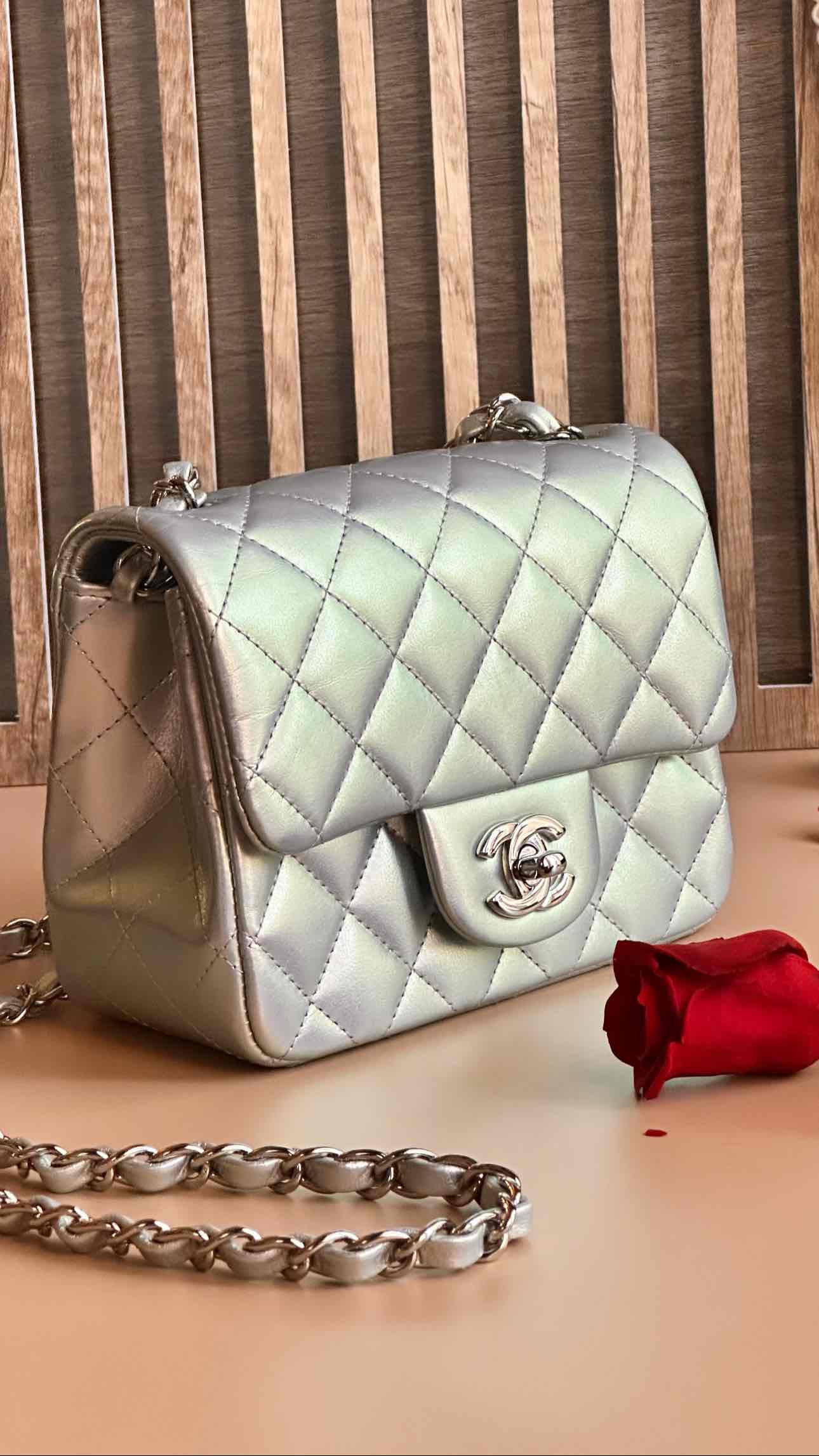 21K Timeless Classic Mini Square Quilted Flap Iridescent Light Blue Calfskin Silver Hardware