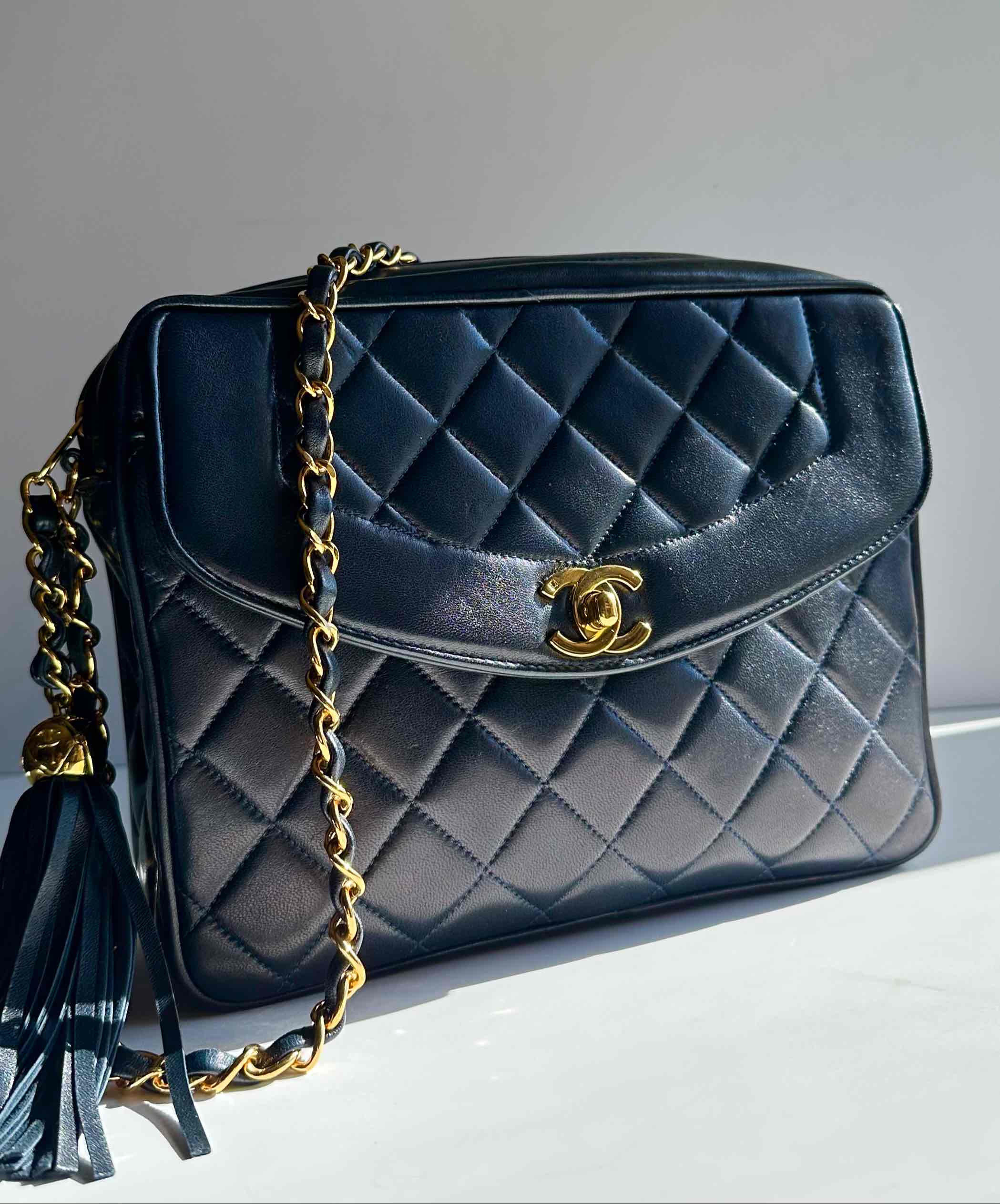 1995 Chanel Vintage Camera Case W/Tassels Midnight Blue 24K GHW