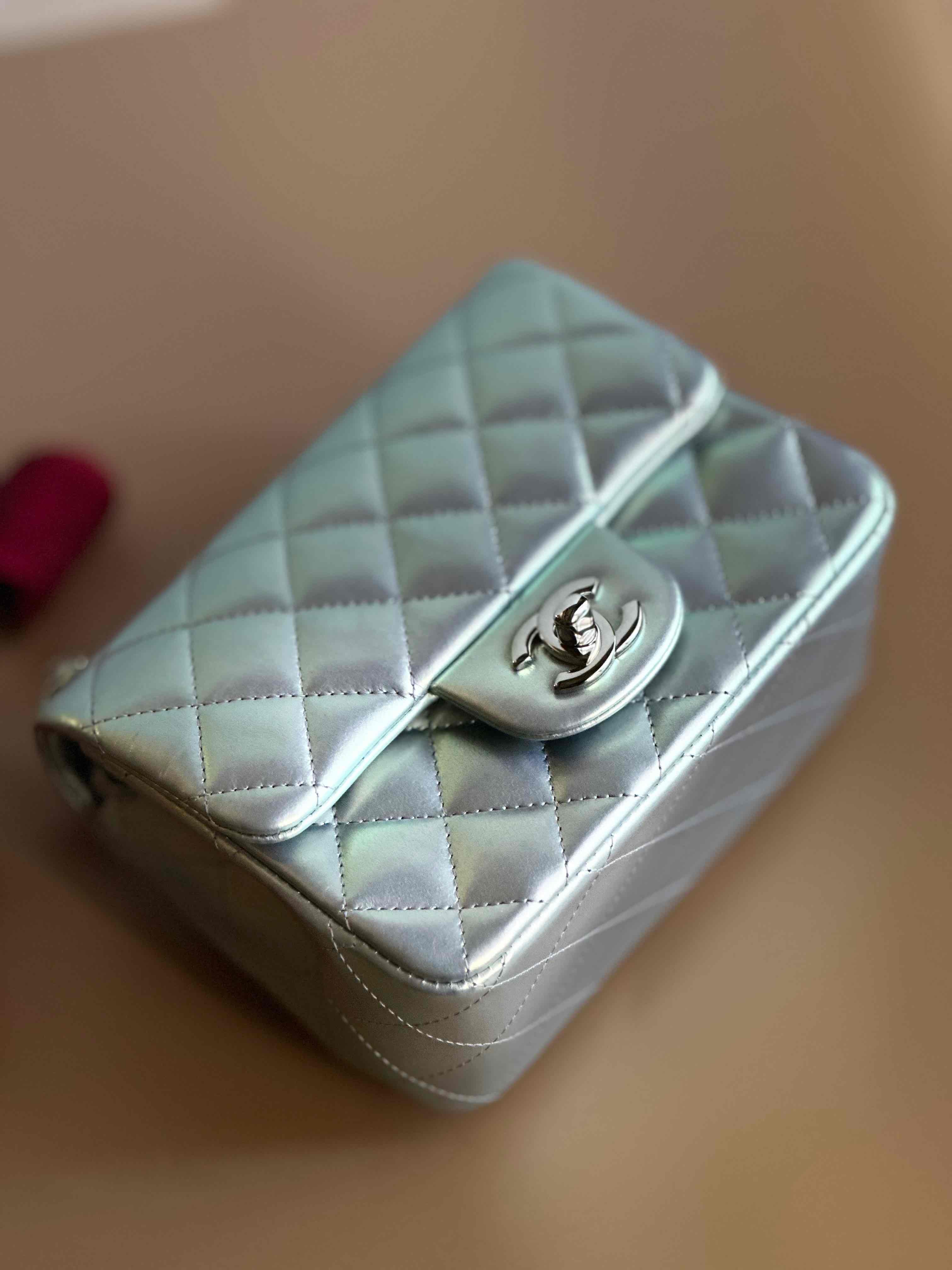 21K Timeless Classic Mini Square Quilted Flap Iridescent Light Blue Calfskin Silver Hardware