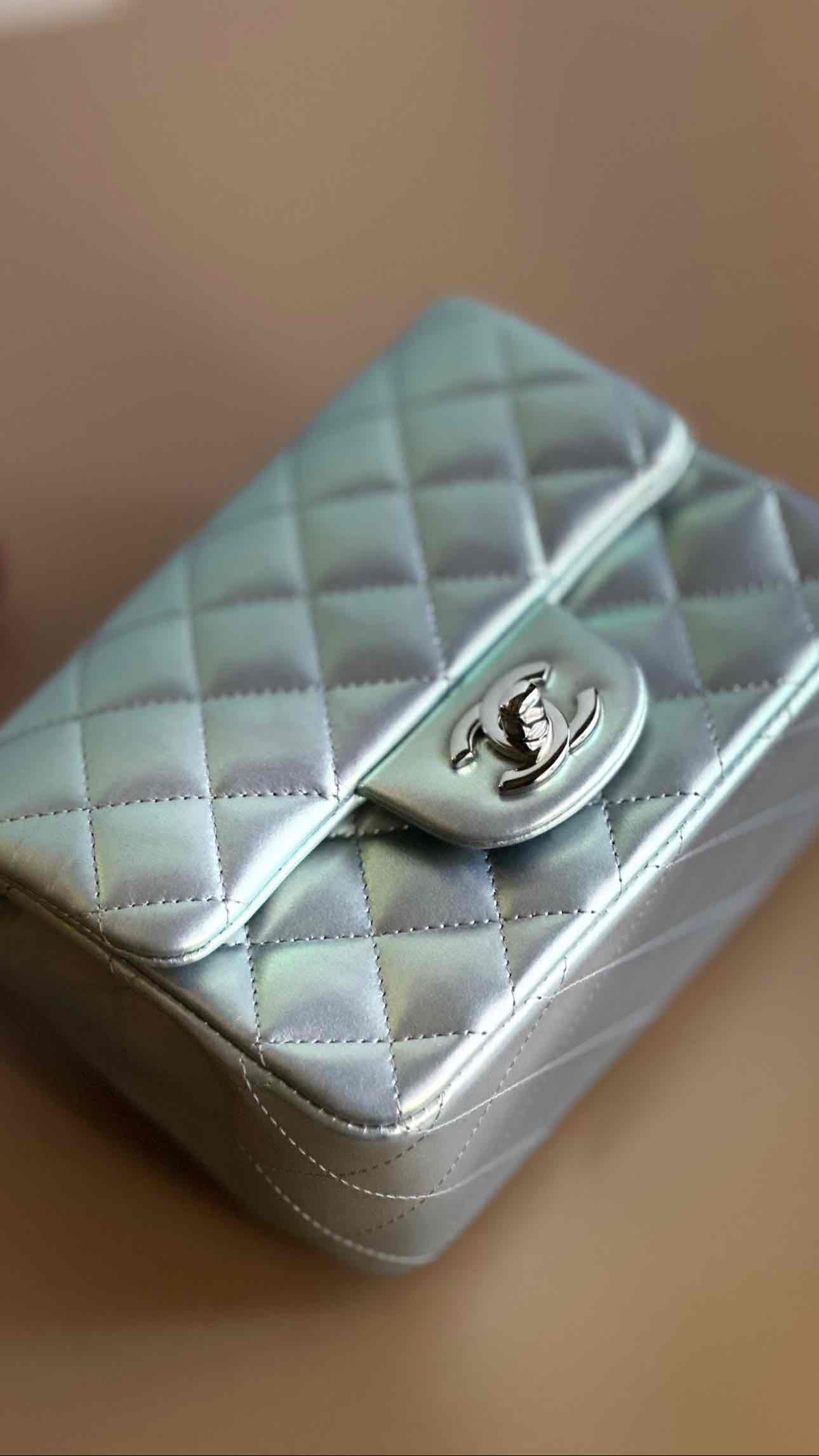21K Timeless Classic Mini Square Quilted Flap Iridescent Light Blue Calfskin Silver Hardware