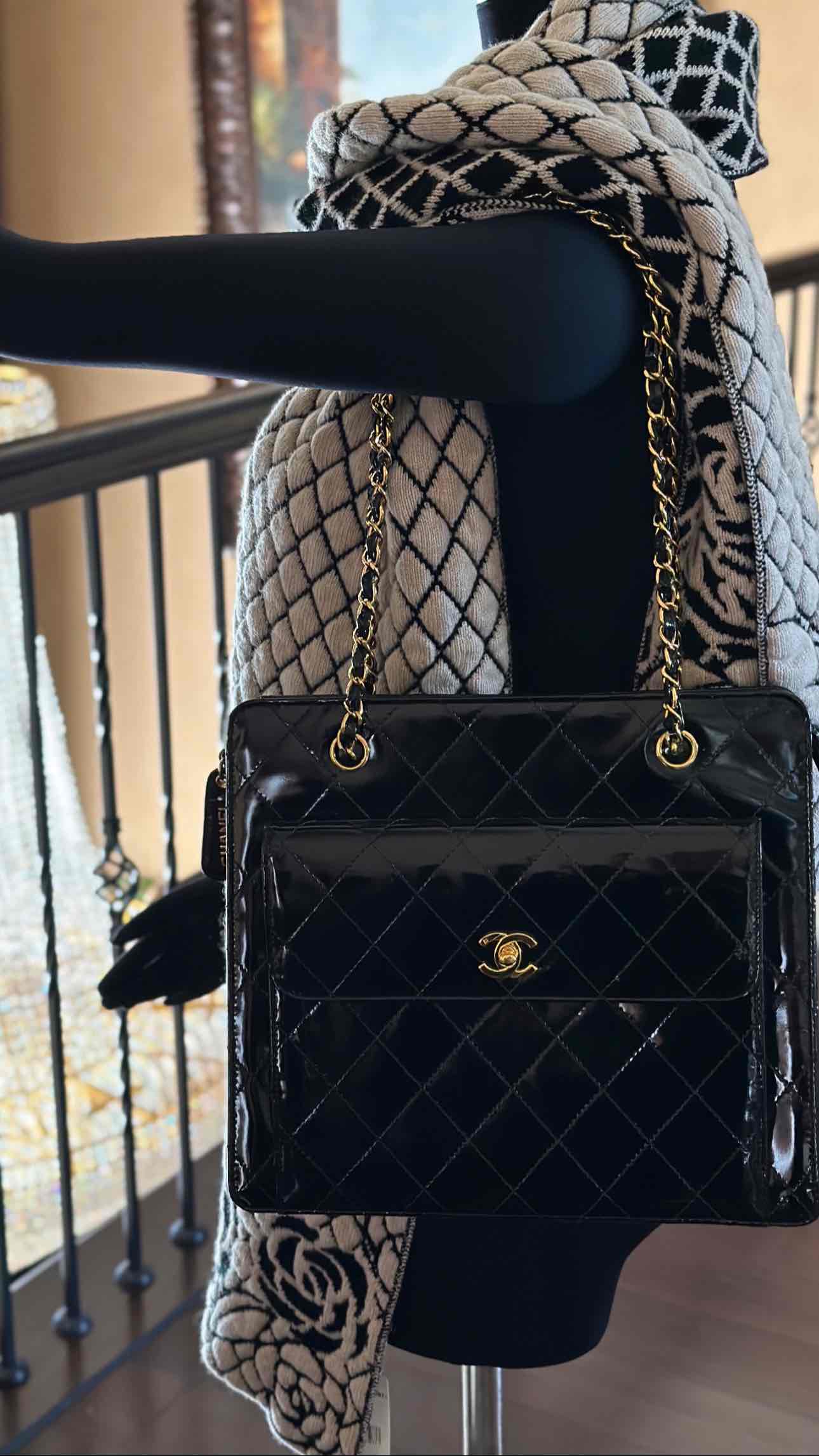 1998 Chanel vintage shopping tote black patent calfskin 24K Gold Hardware