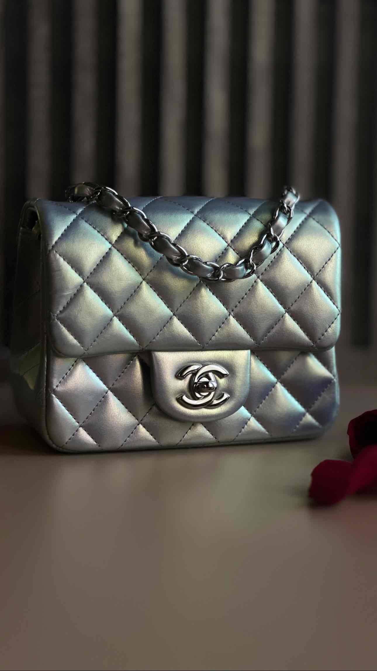 21K Timeless Classic Mini Square Quilted Flap Iridescent Light Blue Calfskin Silver Hardware