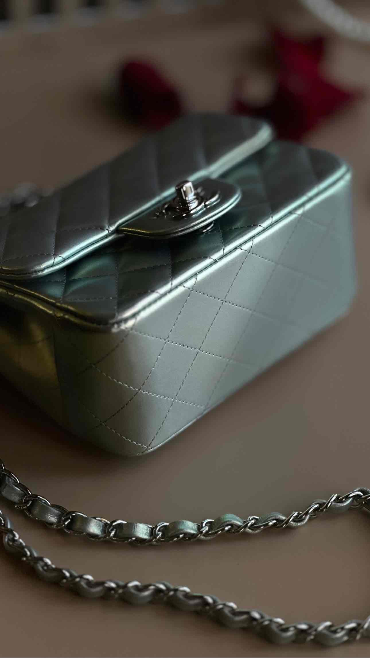 21K Timeless Classic Mini Square Quilted Flap Iridescent Light Blue Calfskin Silver Hardware