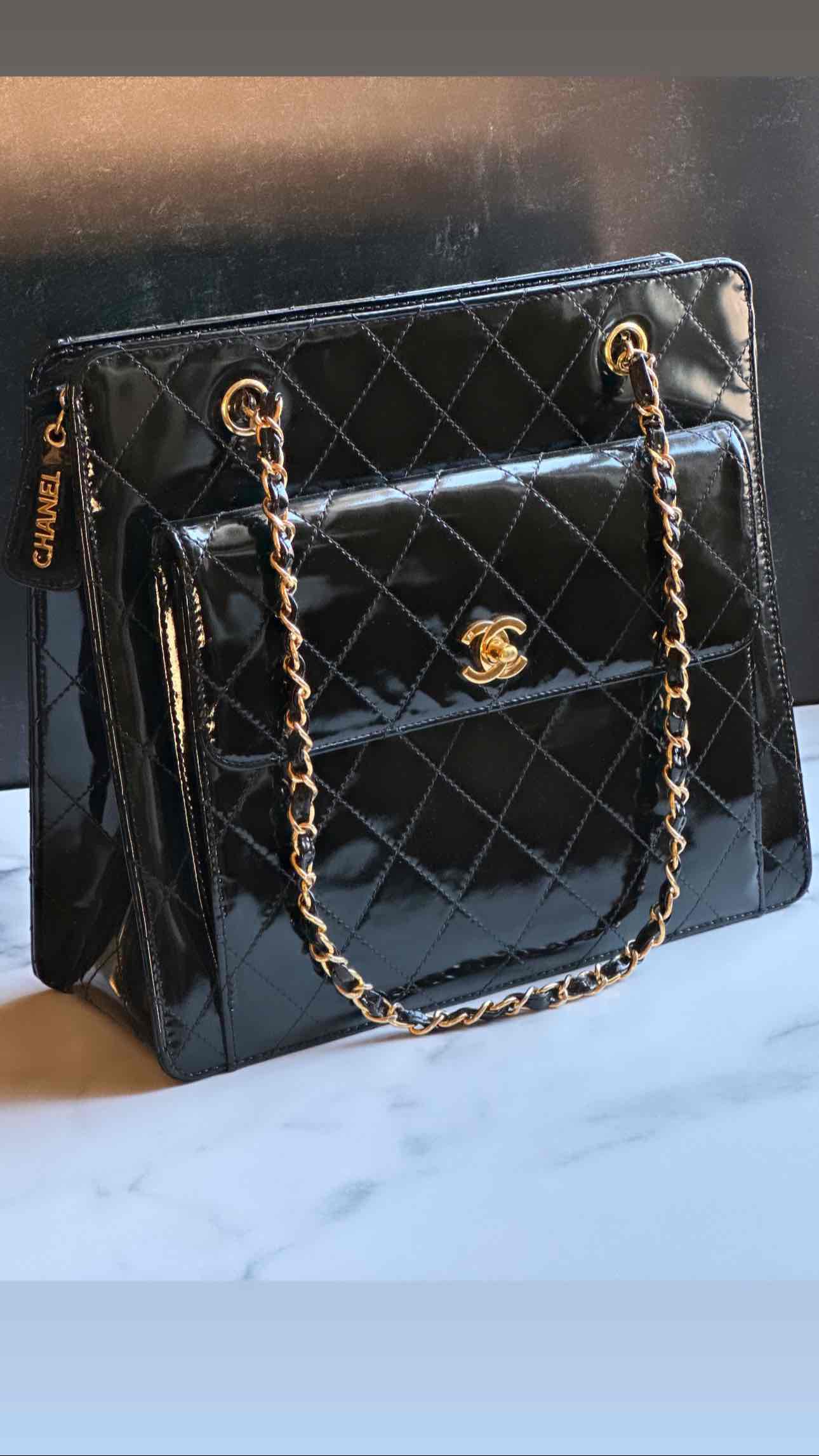 1998 Chanel vintage shopping tote black patent calfskin 24K Gold Hardware