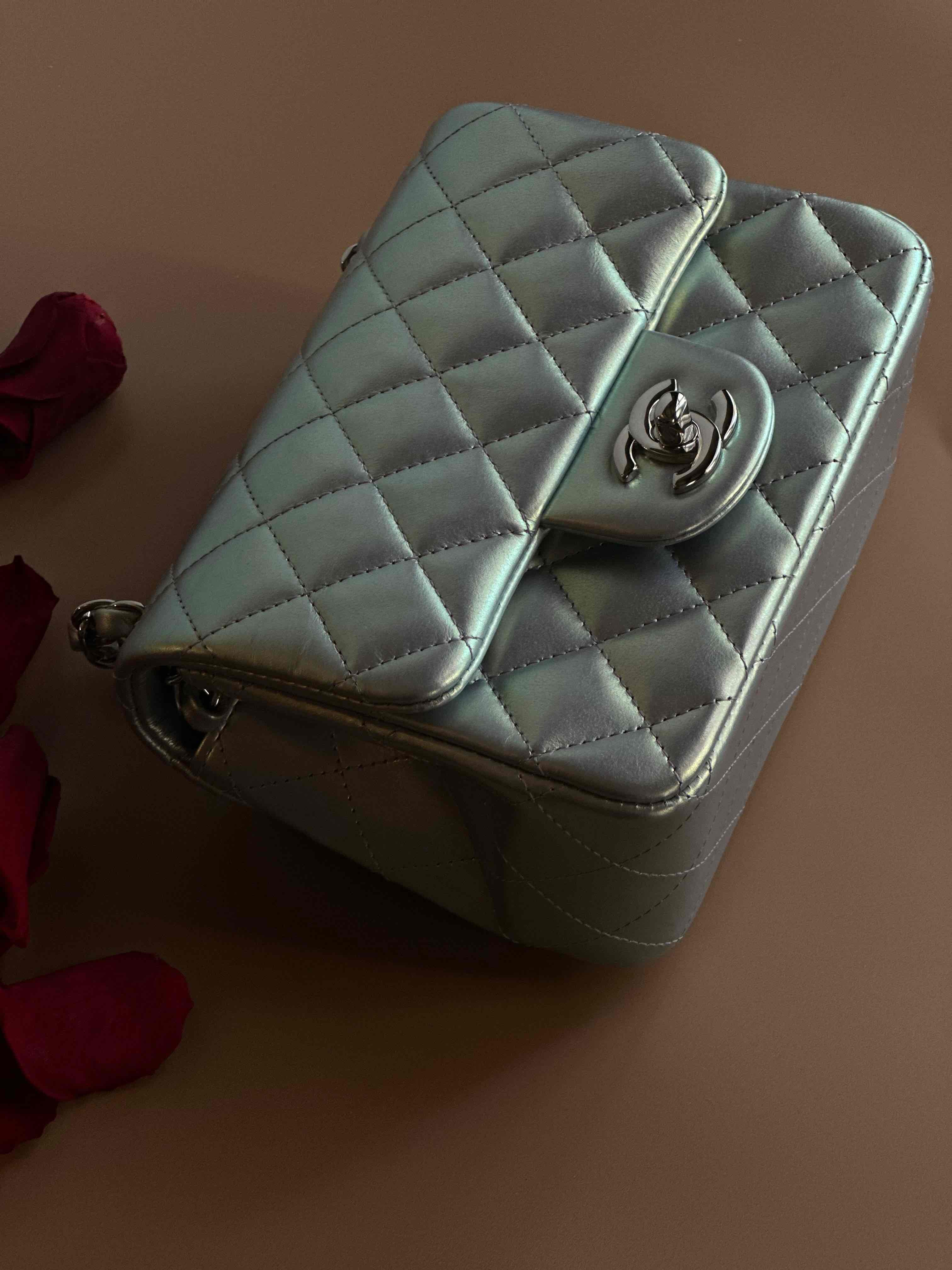 21K Timeless Classic Mini Square Quilted Flap Iridescent Light Blue Calfskin Silver Hardware