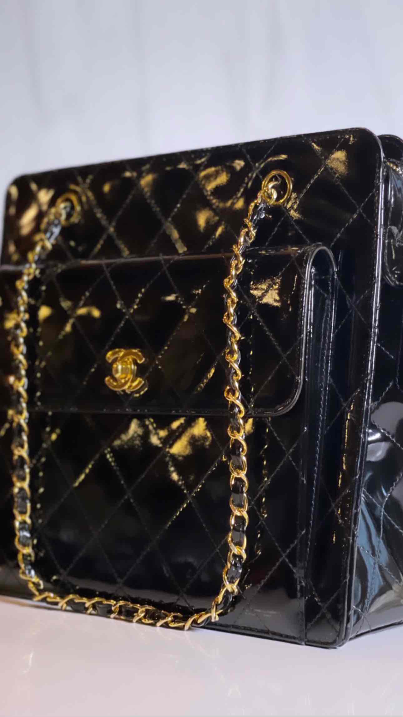 1998 Chanel vintage shopping tote black patent calfskin 24K Gold Hardware