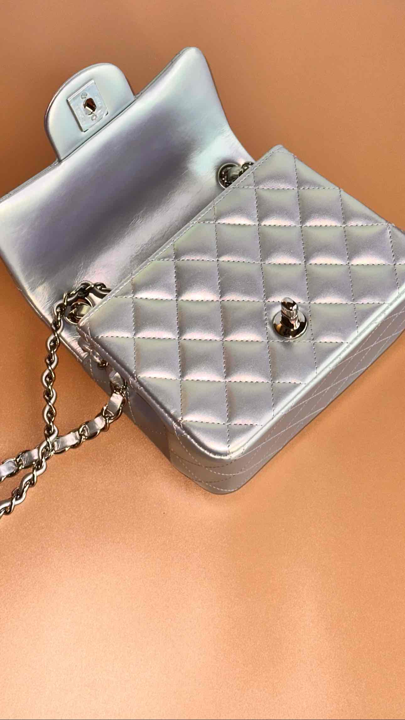 21K Timeless Classic Mini Square Quilted Flap Iridescent Light Blue Calfskin Silver Hardware