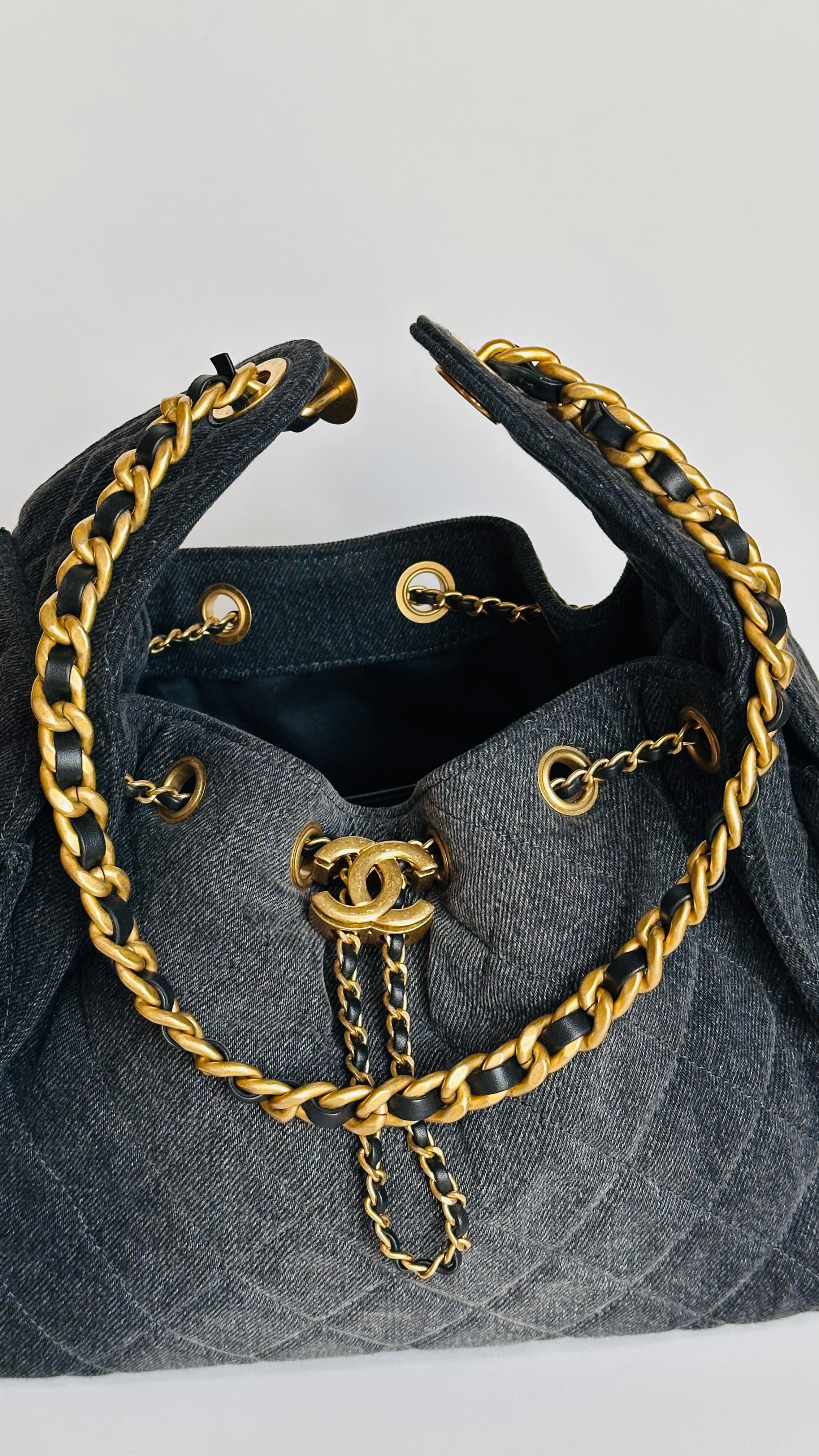 2026 Chanel Small 25 Hobo Bag Black Washed Denim GHW