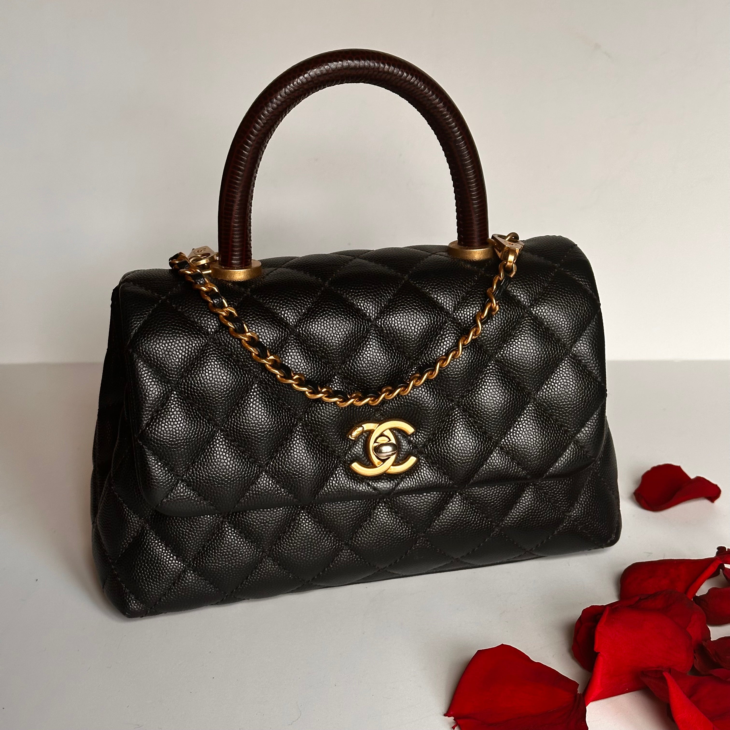 2019 Chanel Small Coco Handle Flap Black Caviar & Dark Burgundy Lizard Embossed Calfskin GHW