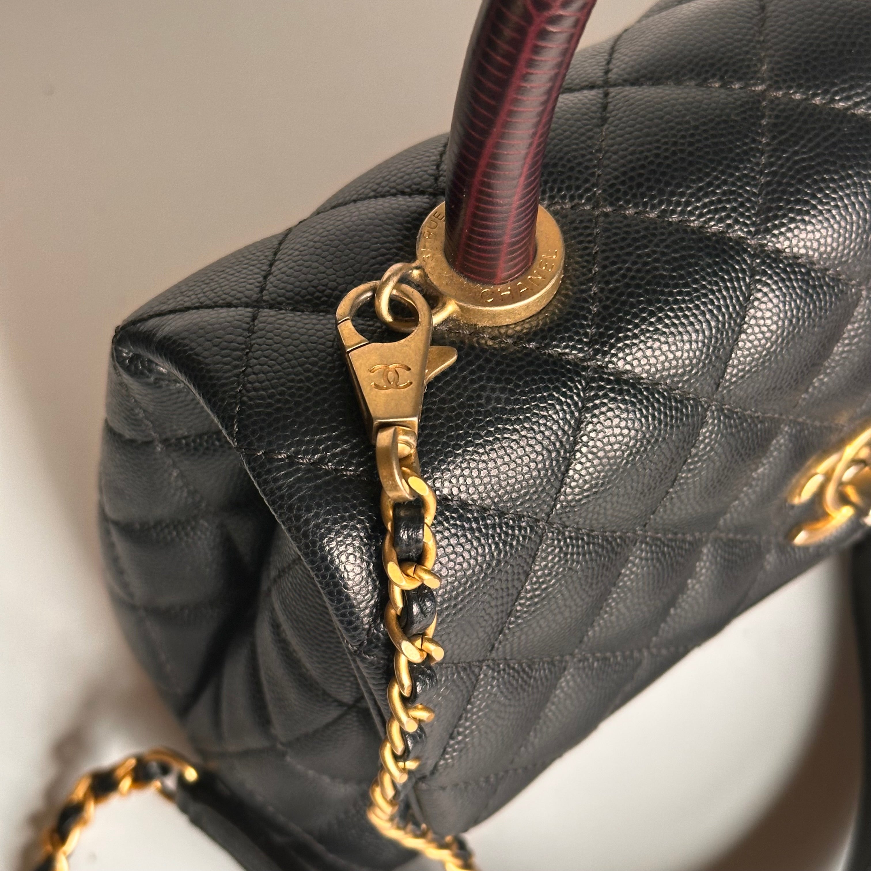 2019 Chanel Small Coco Handle Flap Black Caviar & Dark Burgundy Lizard Embossed Calfskin GHW