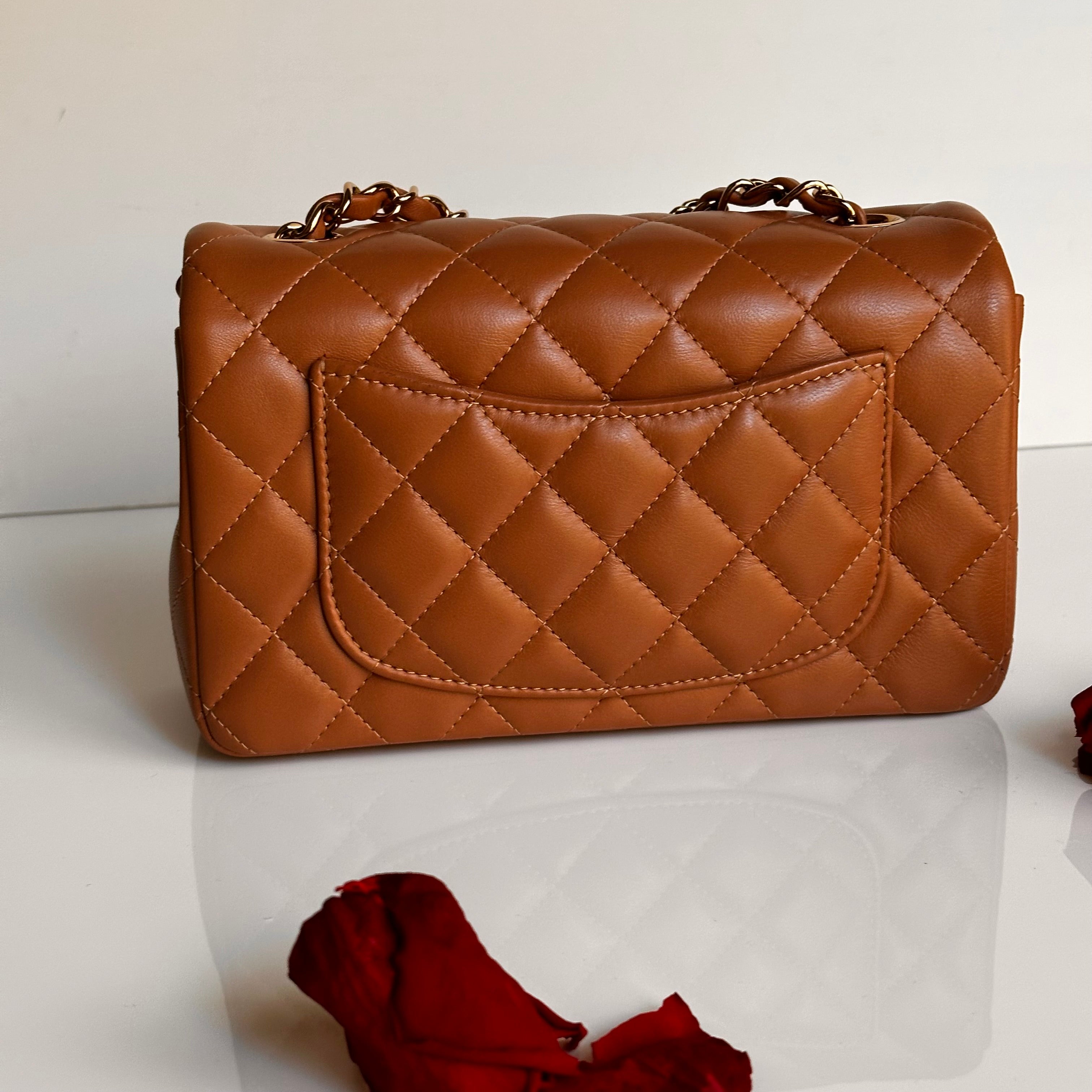 21P Chanel Mini Rectangular Classic Flap Caramel Brown Lambskin LGHW