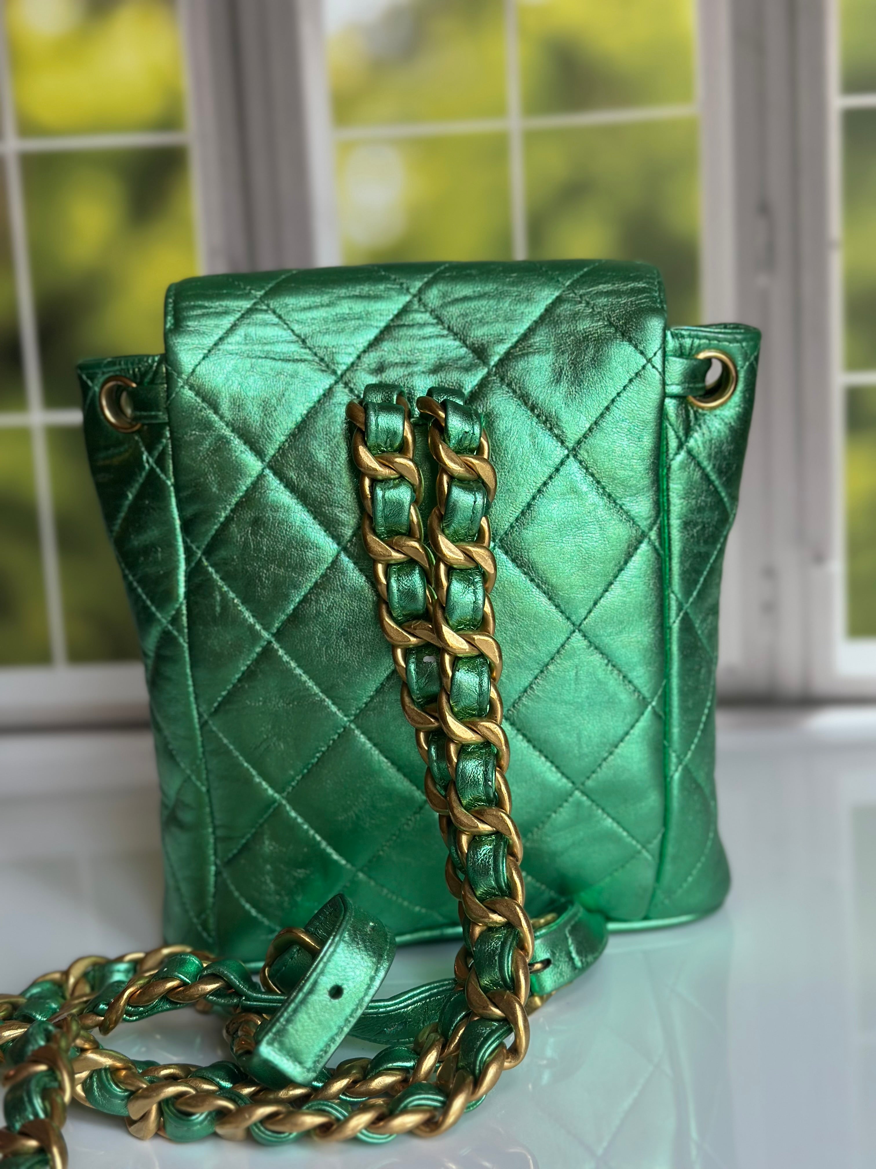 1994 Chanel Mini Duma Backpack Metallic Green Lambskin & 24K Gold Plated Hardware