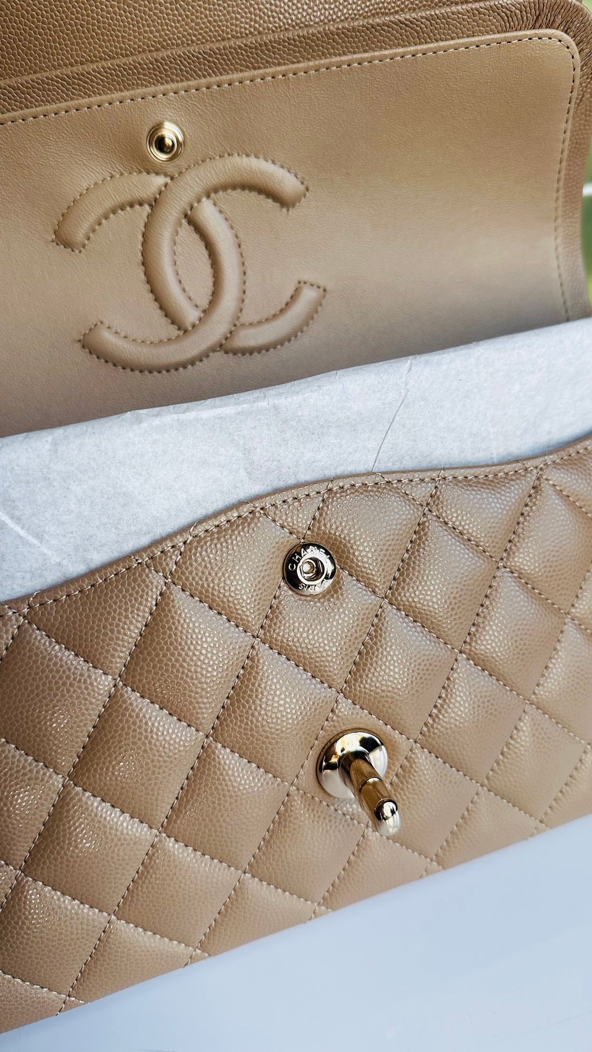 Like New 22A Chanel Timeless Classic Flap Dark Beige Caviar LGHW