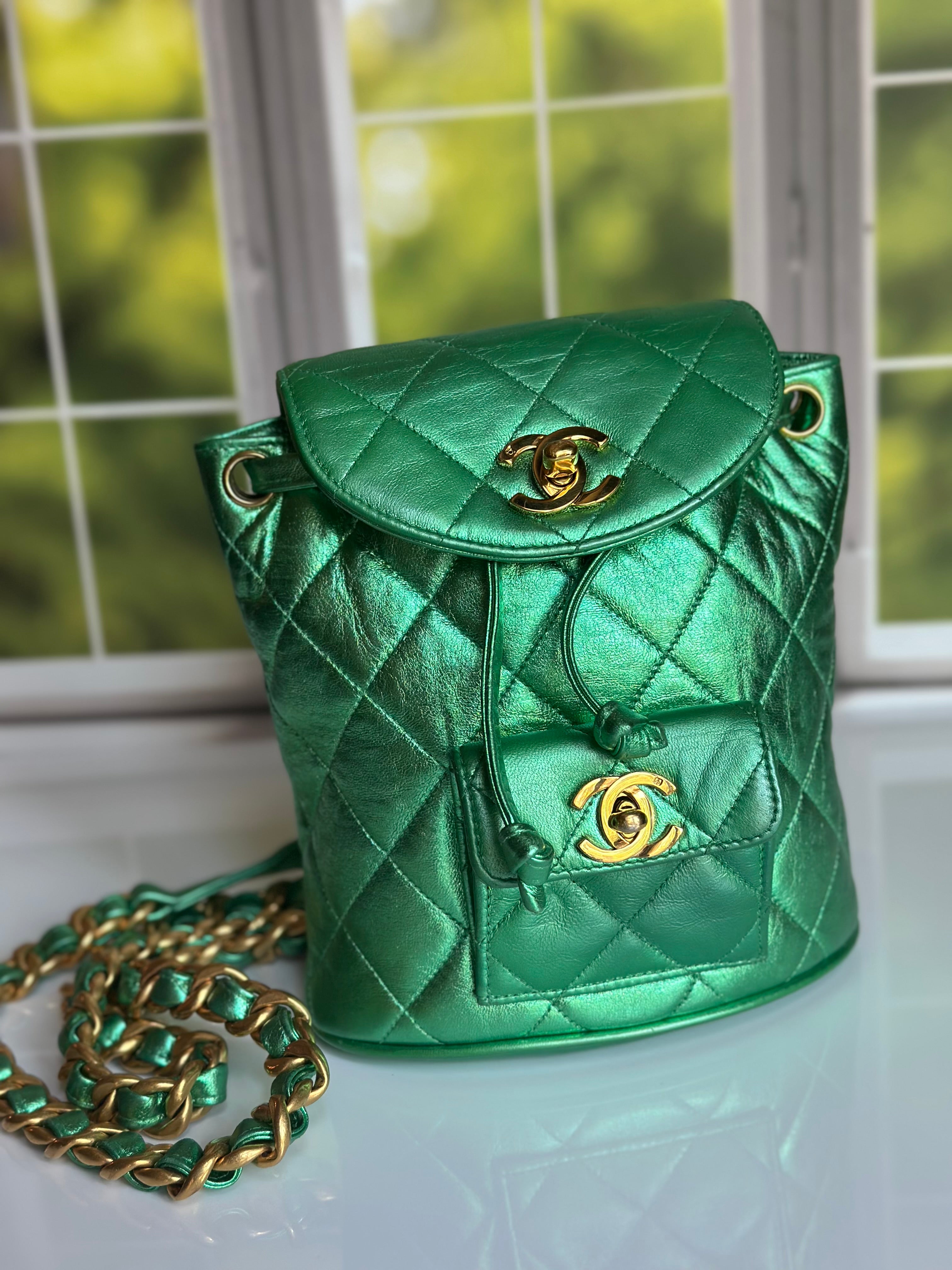 1994 Chanel Mini Duma Backpack Metallic Green Lambskin & 24K Gold Plated Hardware